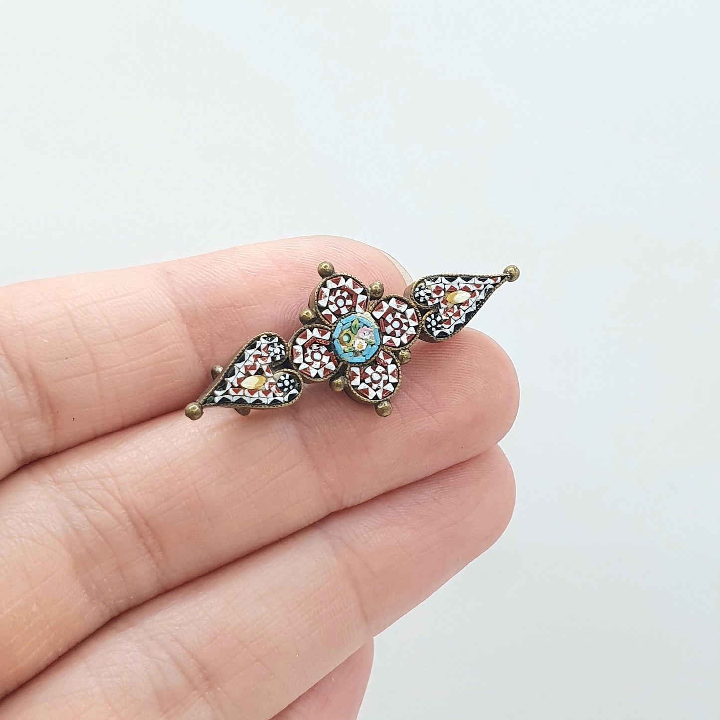 Antique Victorian Micro Mosaic Brooch Micromosaic Cruciform Shape Gold Tone Base Metal Jewelry Jewellery Womens Mens