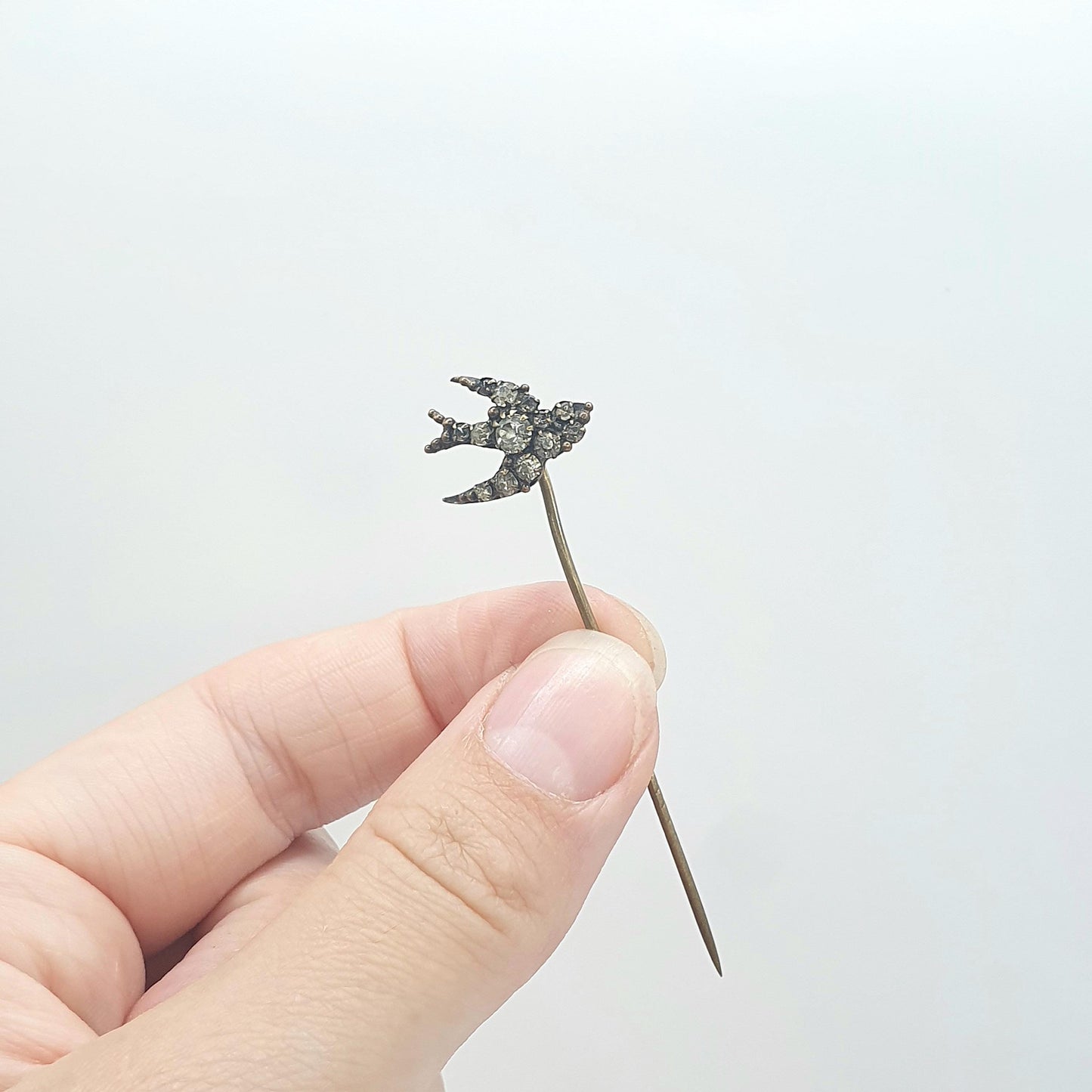 Antique Victorian Diamond Paste Bird Stick Pin Lapel Pin Swallow Gold Tone Base Metal Vintage Jacket Coat Mens Gents Jewelry Jewellery