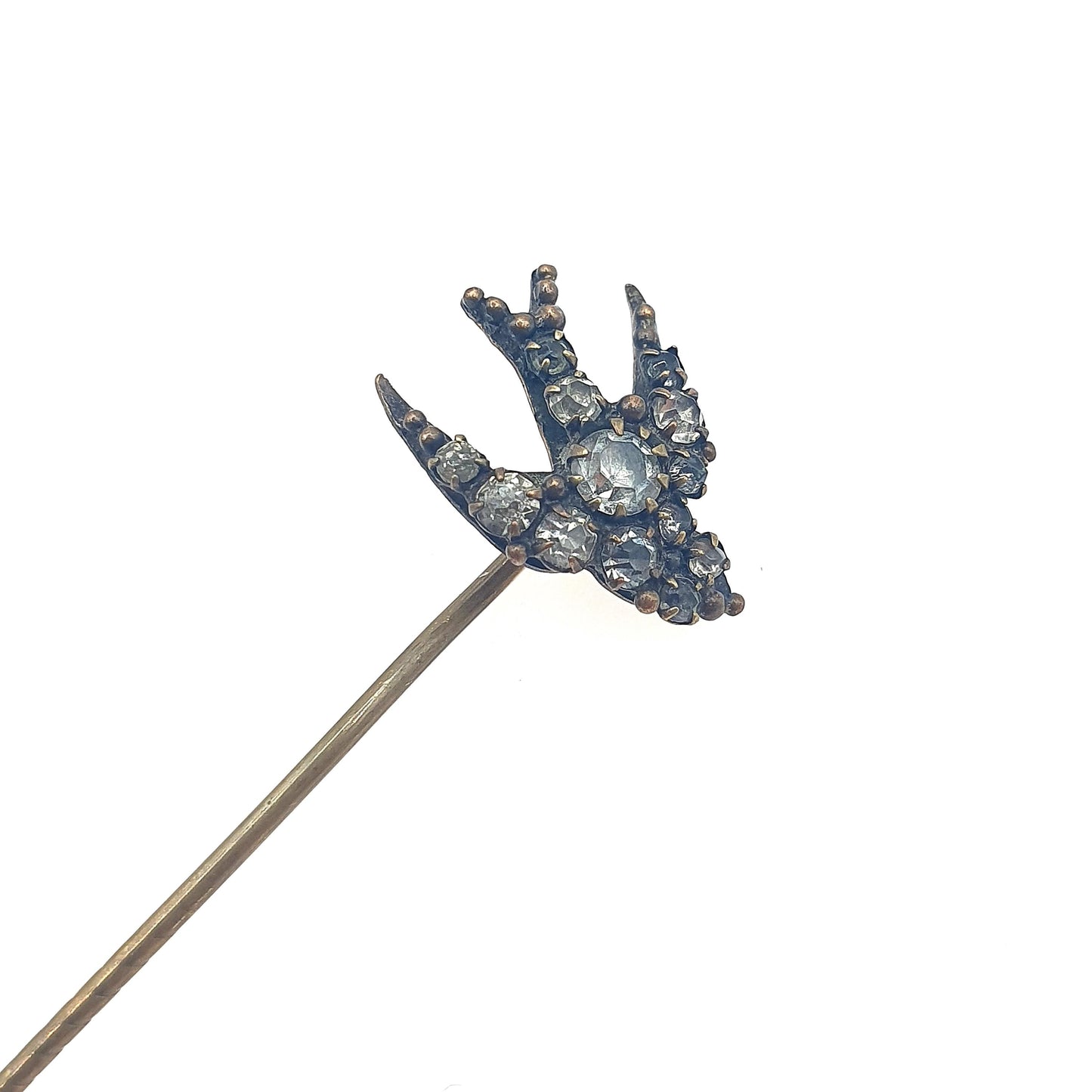 Antique Victorian Diamond Paste Bird Stick Pin Lapel Pin Swallow Gold Tone Base Metal Vintage Jacket Coat Mens Gents Jewelry Jewellery