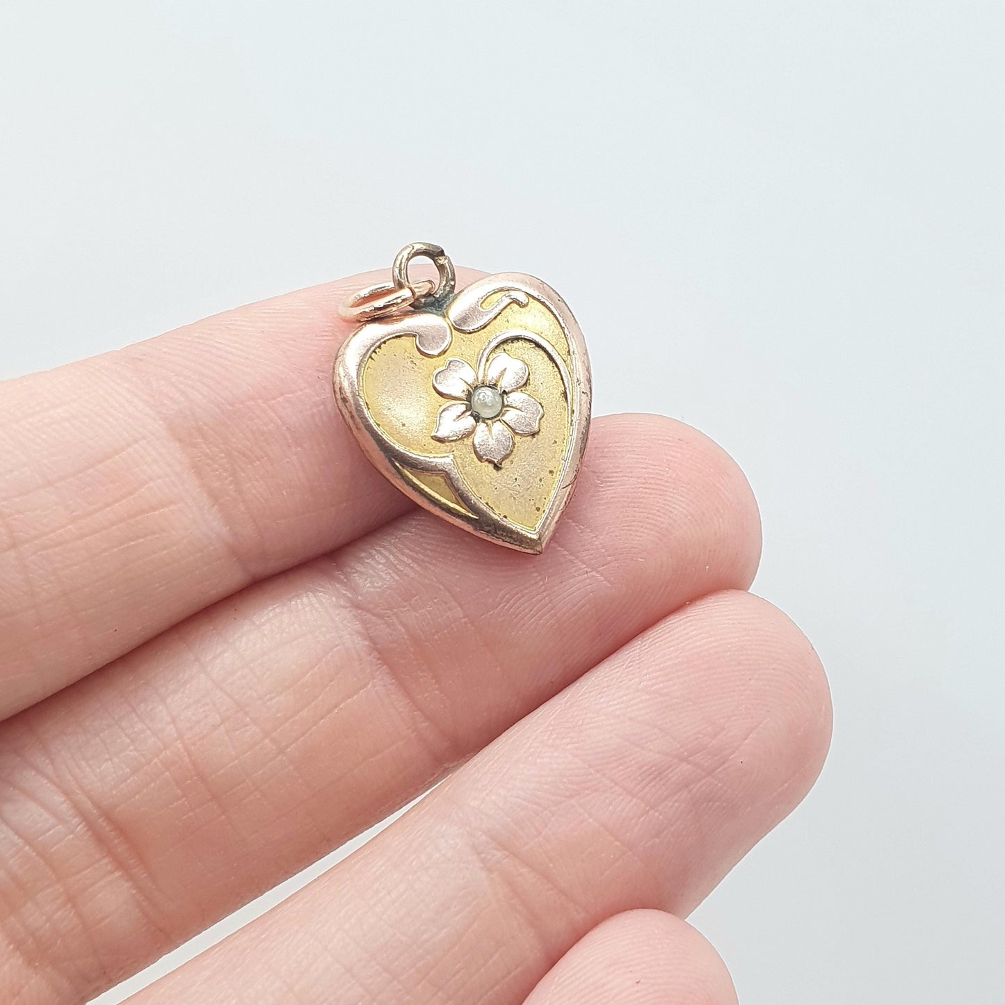 Antique Rolled Rose Gold Heart Pendant Flower and Faux Pearl Puffer Gold Filled Vintage Jewelry Jewellery