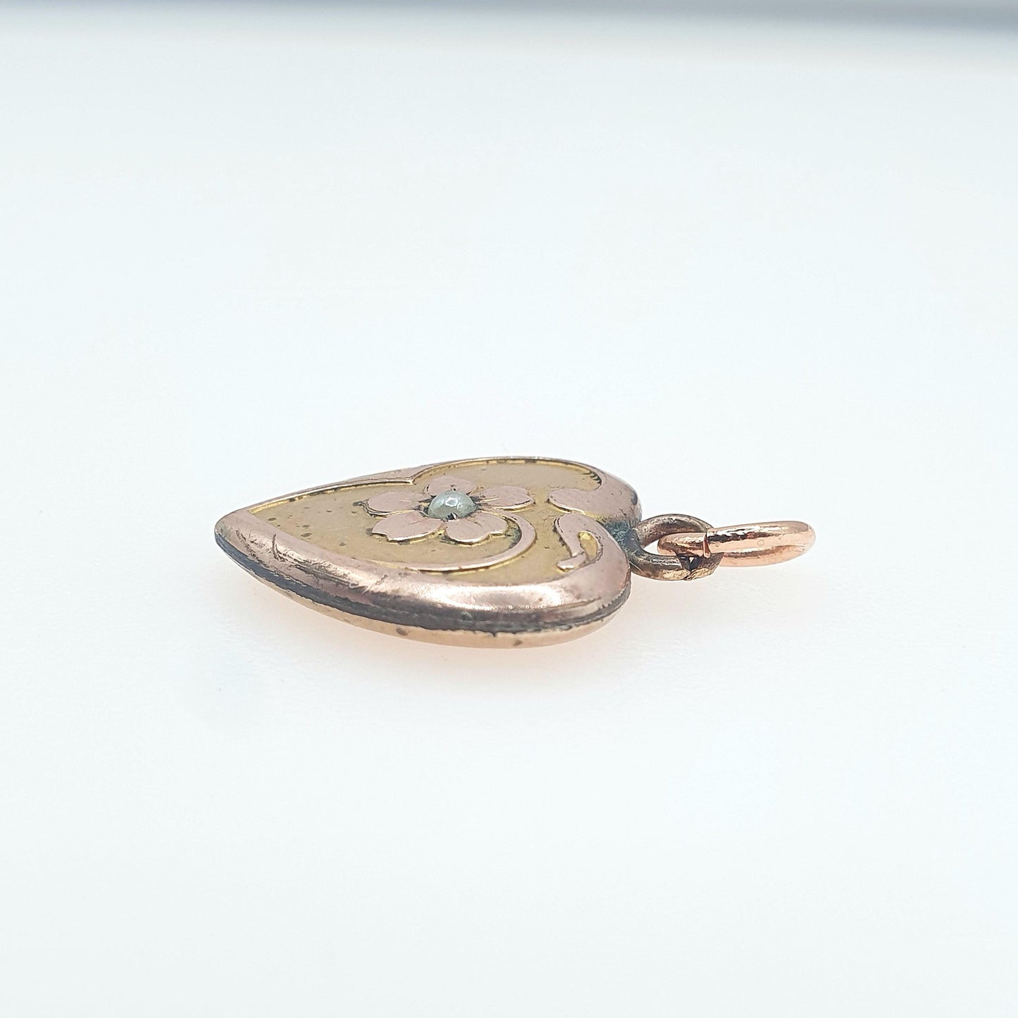 Antique Rolled Rose Gold Heart Pendant Flower and Faux Pearl Puffer Gold Filled Vintage Jewelry Jewellery
