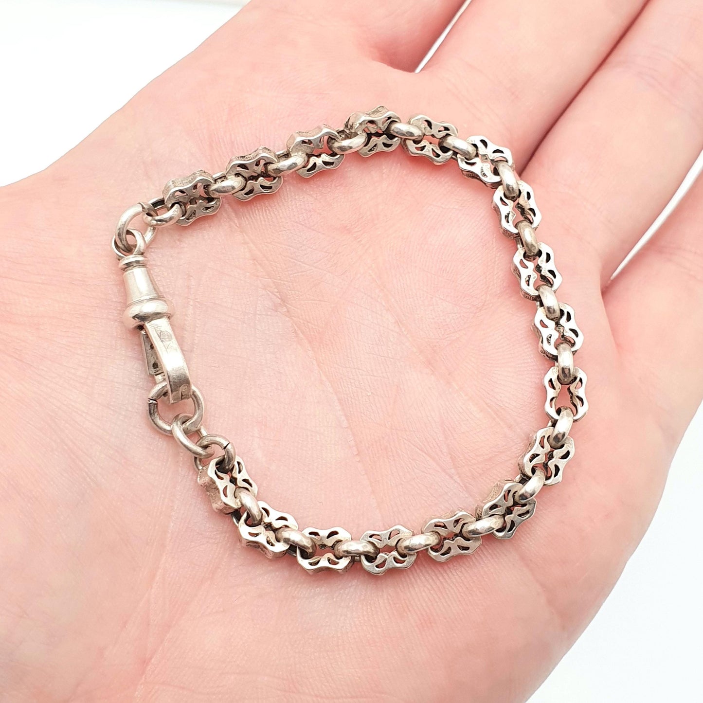 Antique Sterling Silver Victorian Bracelet Fancy Link Stars and Bars Style Dog Clip 8.50g 18cm Vintage Womens Jewelry
