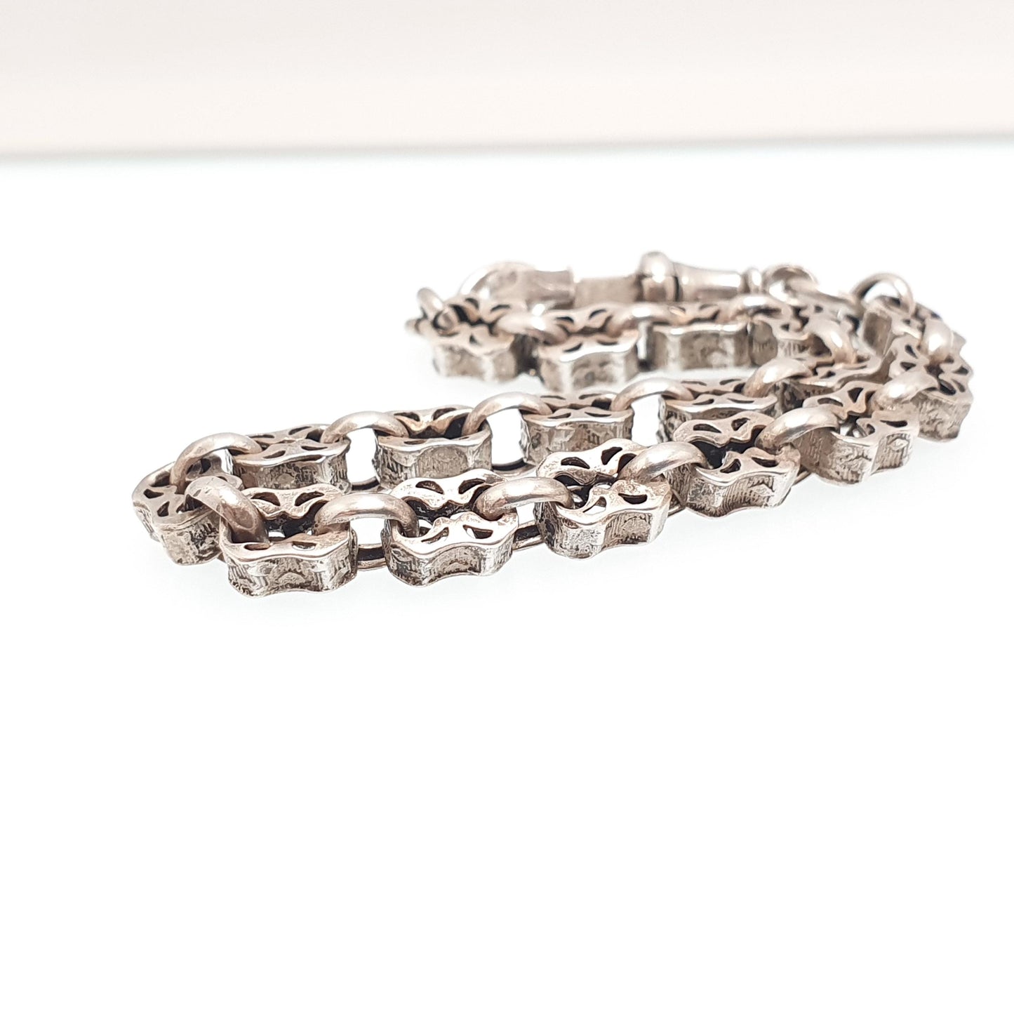 Antique Sterling Silver Victorian Bracelet Fancy Link Stars and Bars Style Dog Clip 8.50g 18cm Vintage Womens Jewelry