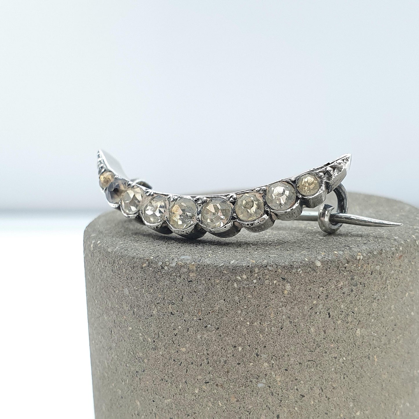 Antique Victorian Solid Silver Diamond Paste Crescent Moon Brooch Vintage Celestial Womens Jewelry Jewellery