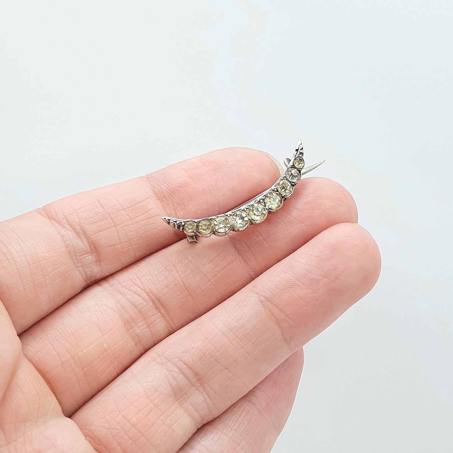Antique Victorian Solid Silver Diamond Paste Crescent Moon Brooch Vintage Celestial Womens Jewelry Jewellery