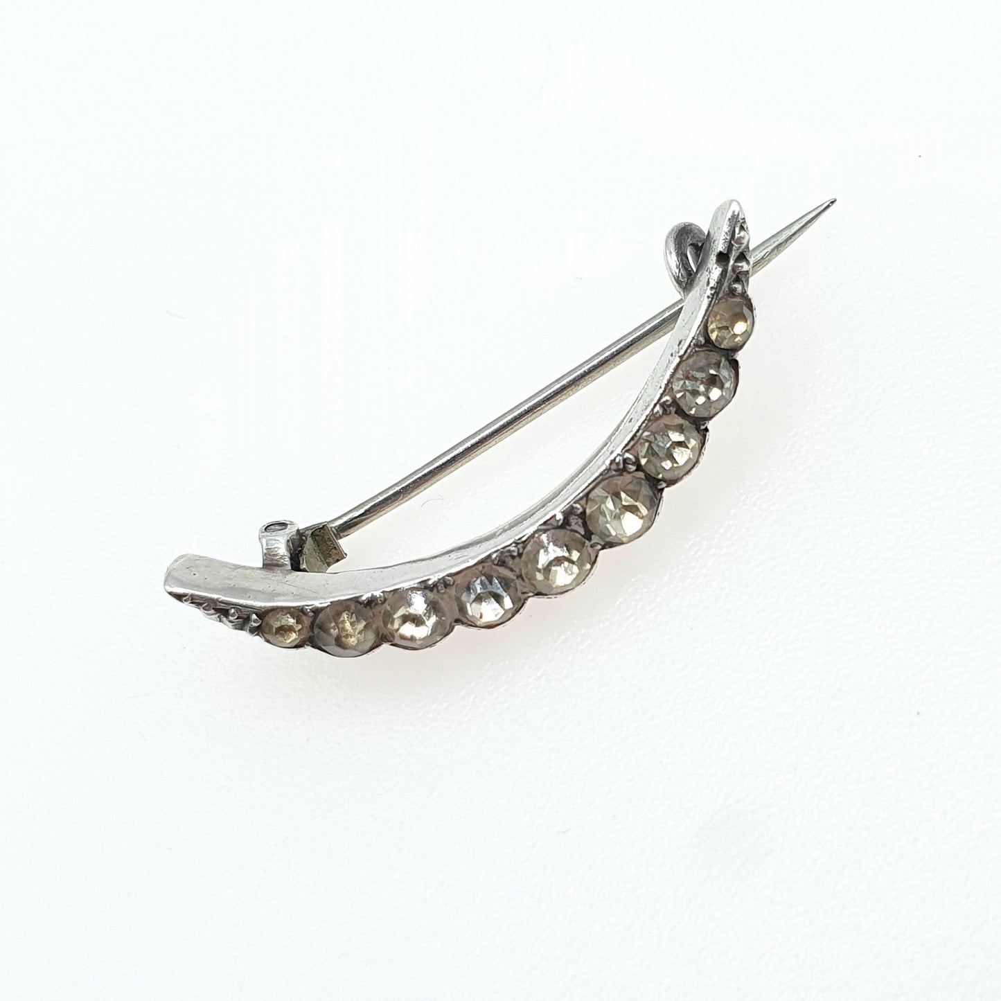 Antique Victorian Solid Silver Diamond Paste Crescent Moon Brooch Vintage Celestial Womens Jewelry Jewellery