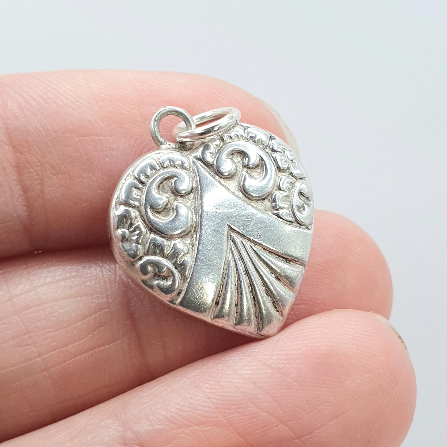 Antique Victorian Solid Silver Heart Pendant Charm Embossed Puffer French Art Nouveau Womens Jewelry Vintage Jewellery