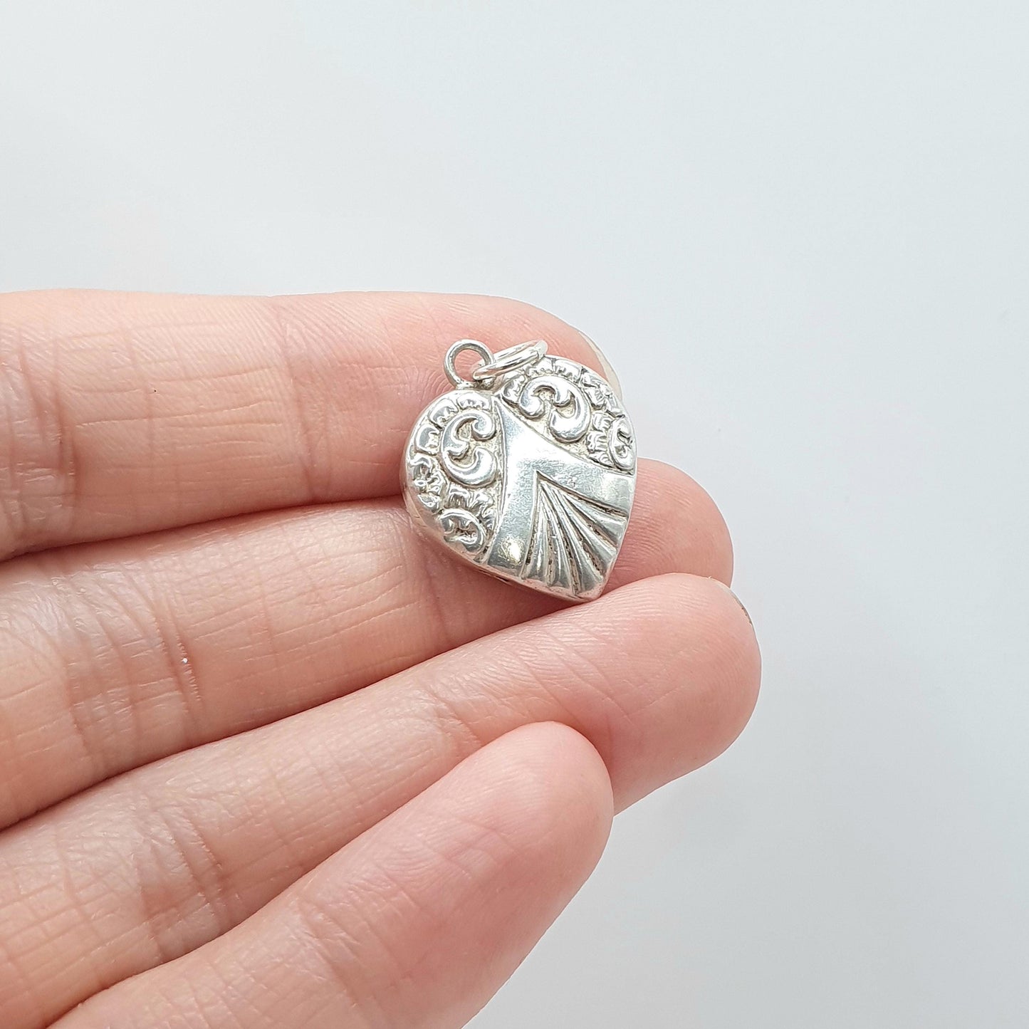 Antique Victorian Solid Silver Heart Pendant Charm Embossed Puffer French Art Nouveau Womens Jewelry Vintage Jewellery