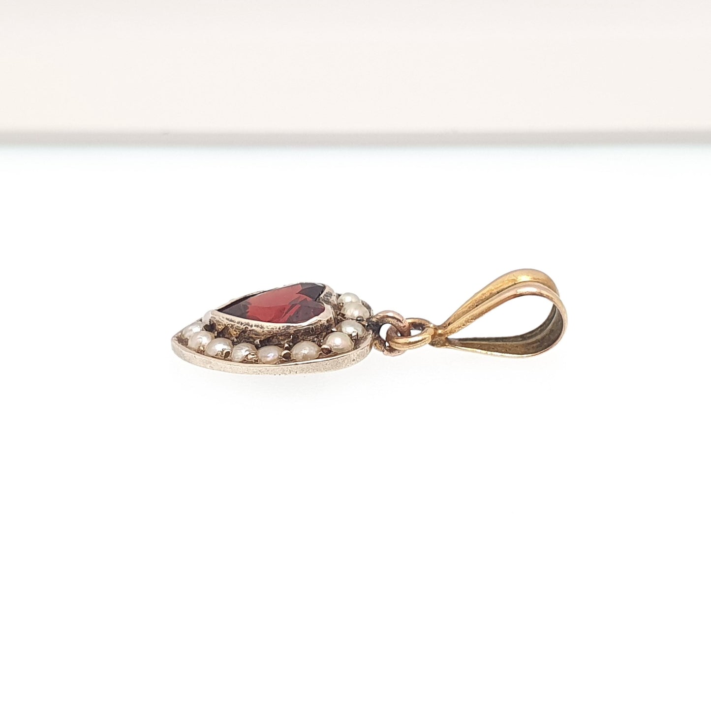 Antique Victorian 9ct Gold Garnet Heart Pendant Seed Pearl Puffer Necklace Solid 9k 375 9kt Vintage