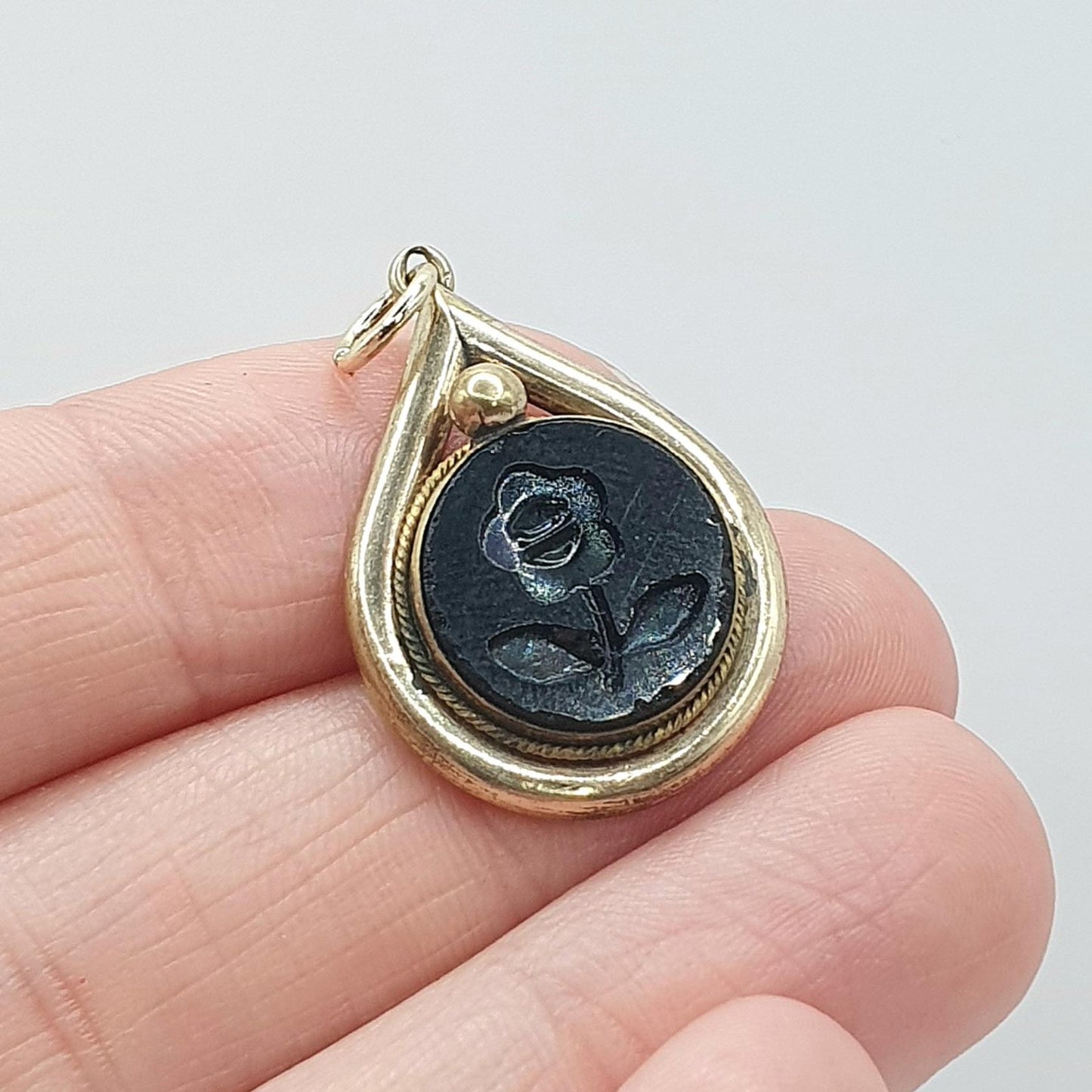Antique Victorian Gold Gilt Intaglio Pendant Flower French Jet Czech Glass Vintage Womens Jewelry Jewellery Necklace Floral