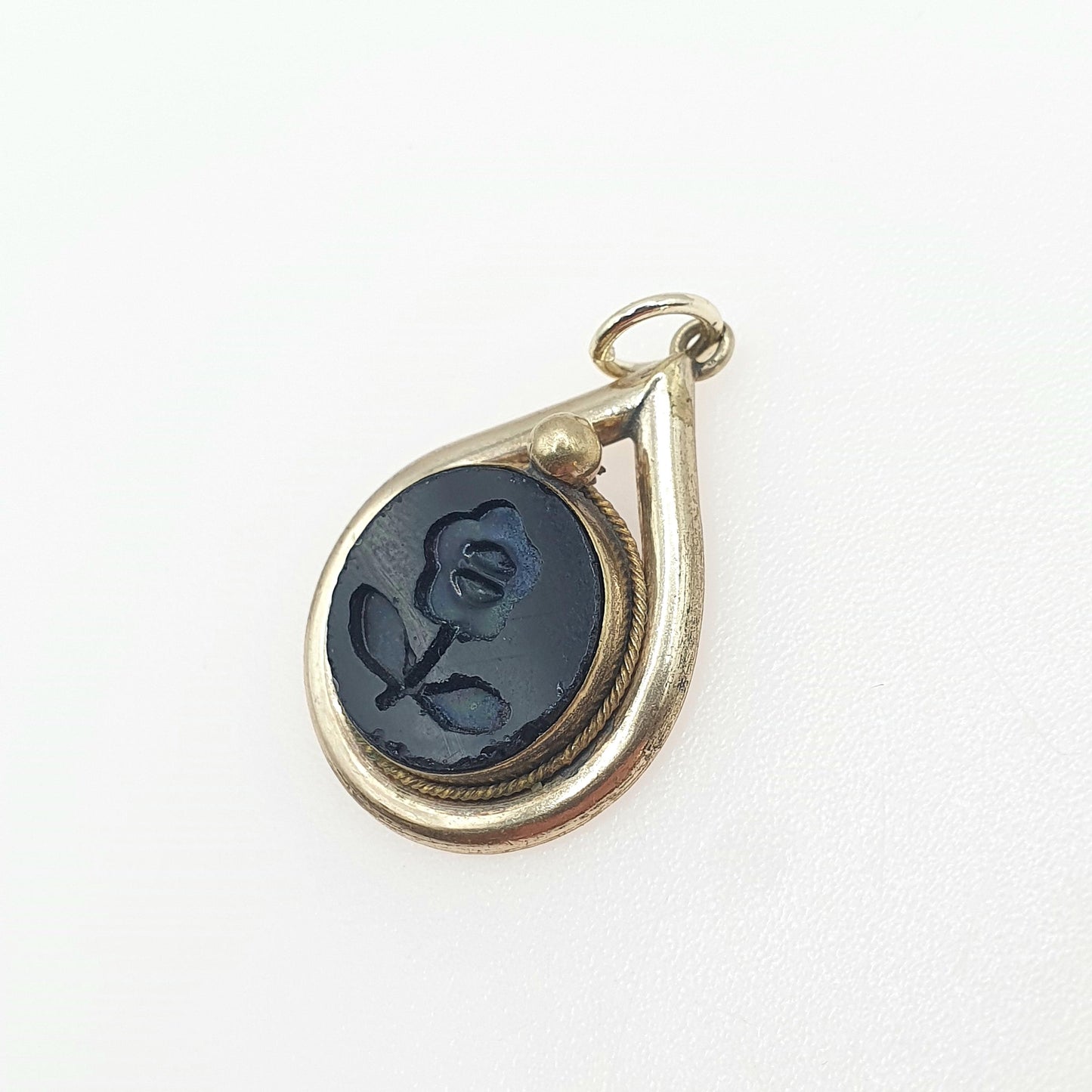 Antique Victorian Gold Gilt Intaglio Pendant Flower French Jet Czech Glass Vintage Womens Jewelry Jewellery Necklace Floral