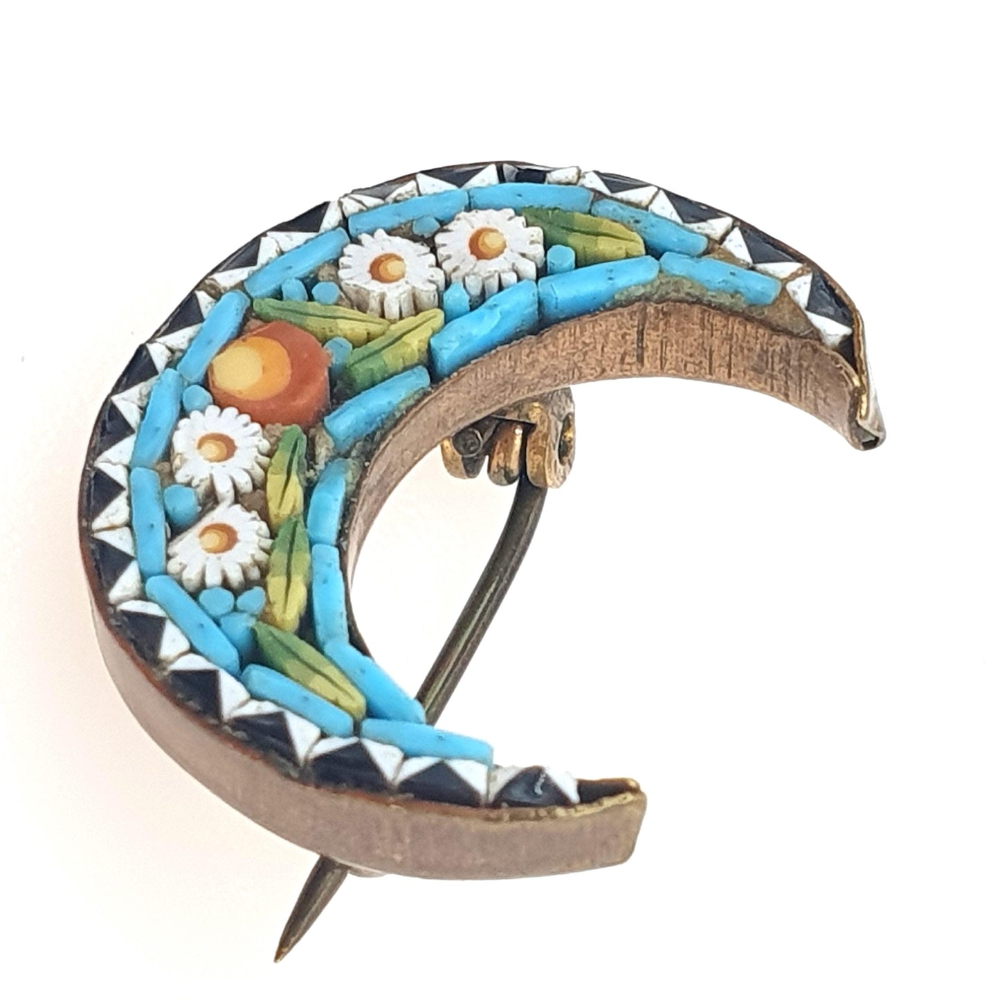Antique Victorian Micro Mosaic Crescent Moon Brooch Micromosaic Celestial Floral Tiles Millefiori Jewelry Jewellery Women’s Men’s
