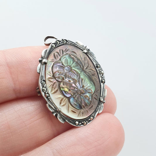 Antique Solid Silver Abalone Cameo Pendant Brooch Mother of Pearl Multi Coloured Shell Necklace Art Deco Marcasite Flower Vintage