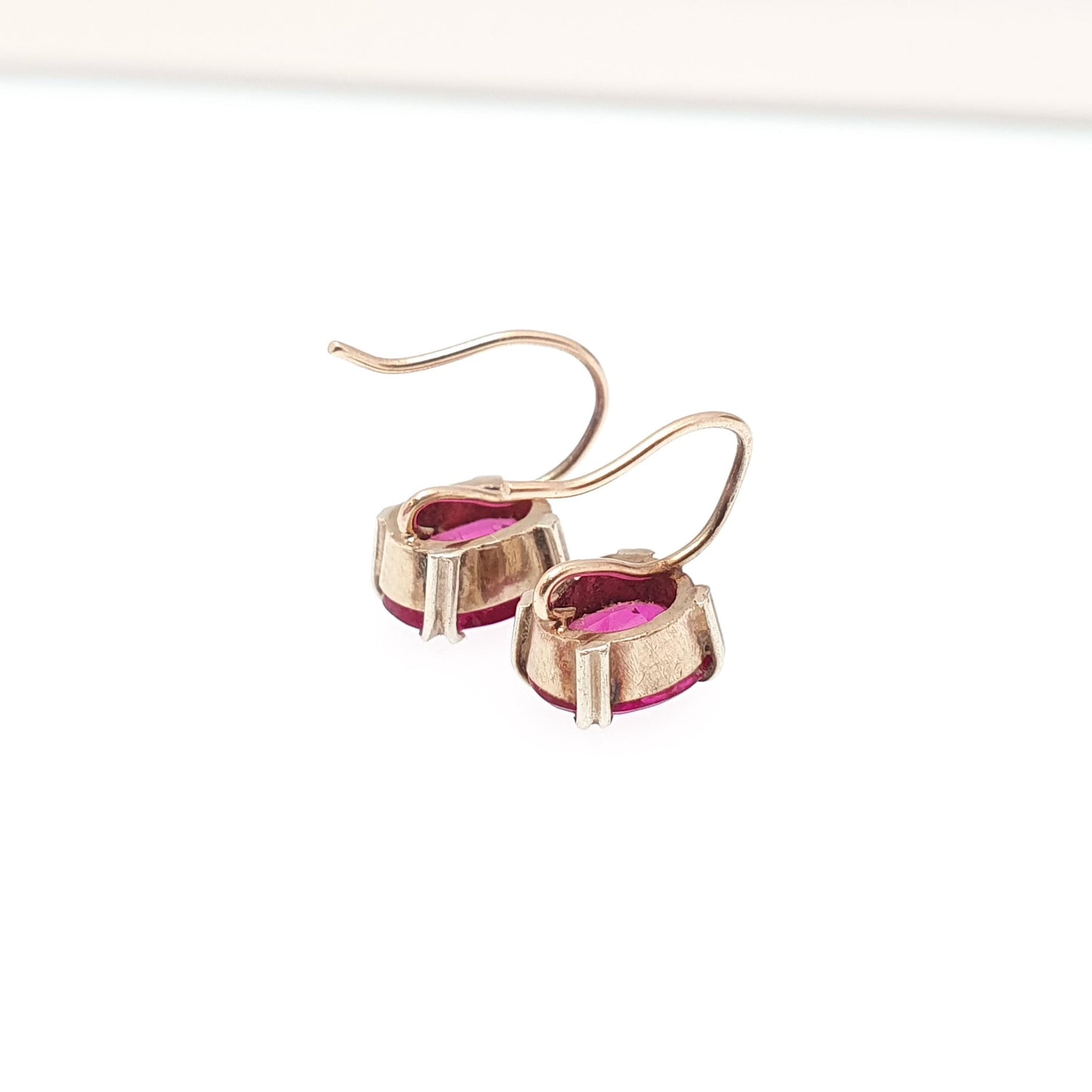 Antique 9ct Gold Ruby Earrings Art Deco Hook Solid 9k 9kt Oval Cut Solitaire Hook Vintage