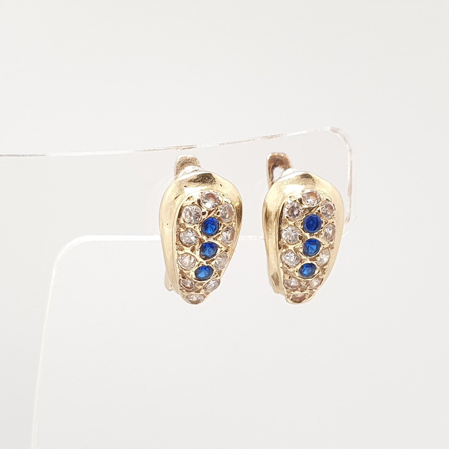 Vintage 14k Gold Blue Spinel Earrings Stud Solid 14kt 585 CZ Sparkly Retro Jewelry Jewellery