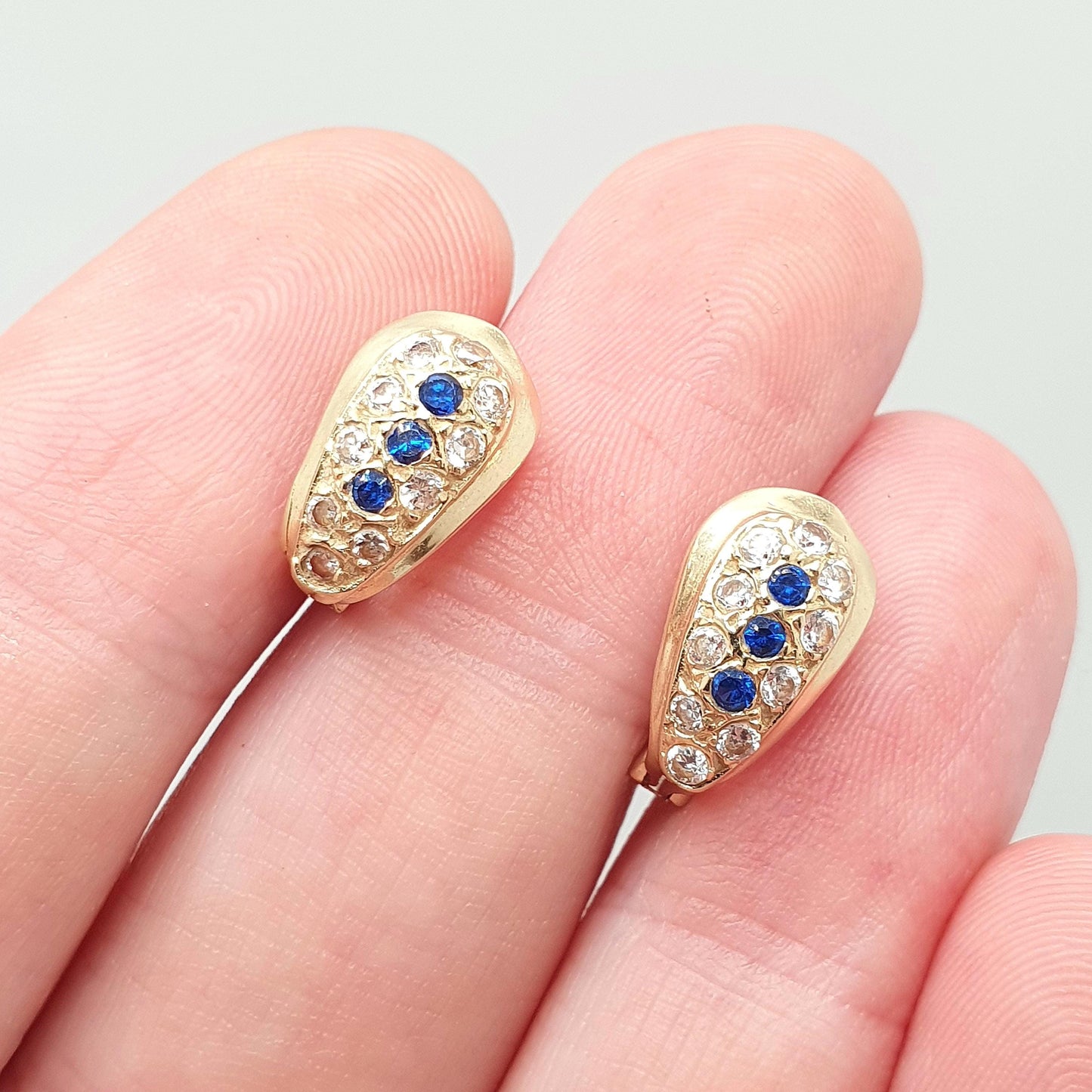 Vintage 14k Gold Blue Spinel Earrings Stud Solid 14kt 585 CZ Sparkly Retro Jewelry Jewellery