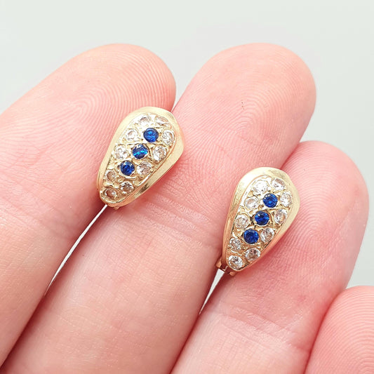 Vintage 14k Gold Blue Spinel Earrings Stud Solid 14kt 585 CZ Sparkly Retro Jewelry Jewellery