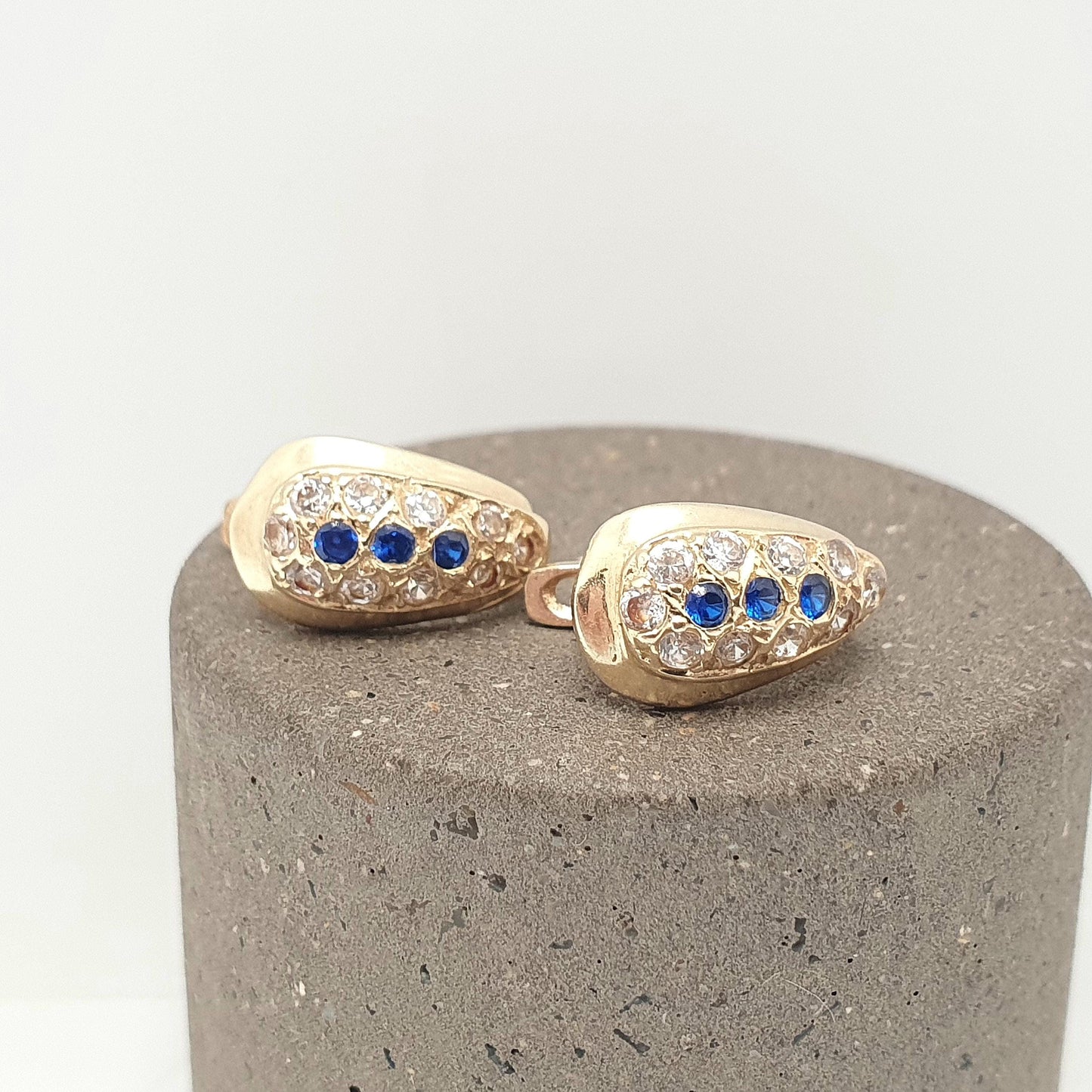 Vintage 14k Gold Blue Spinel Earrings Stud Solid 14kt 585 CZ Sparkly Retro Jewelry Jewellery
