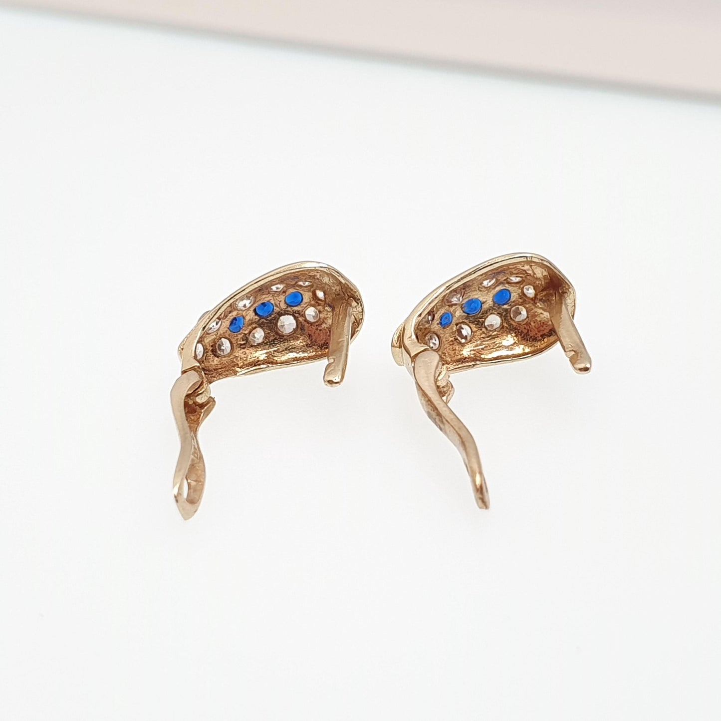 Vintage 14k Gold Blue Spinel Earrings Stud Solid 14kt 585 CZ Sparkly Retro Jewelry Jewellery