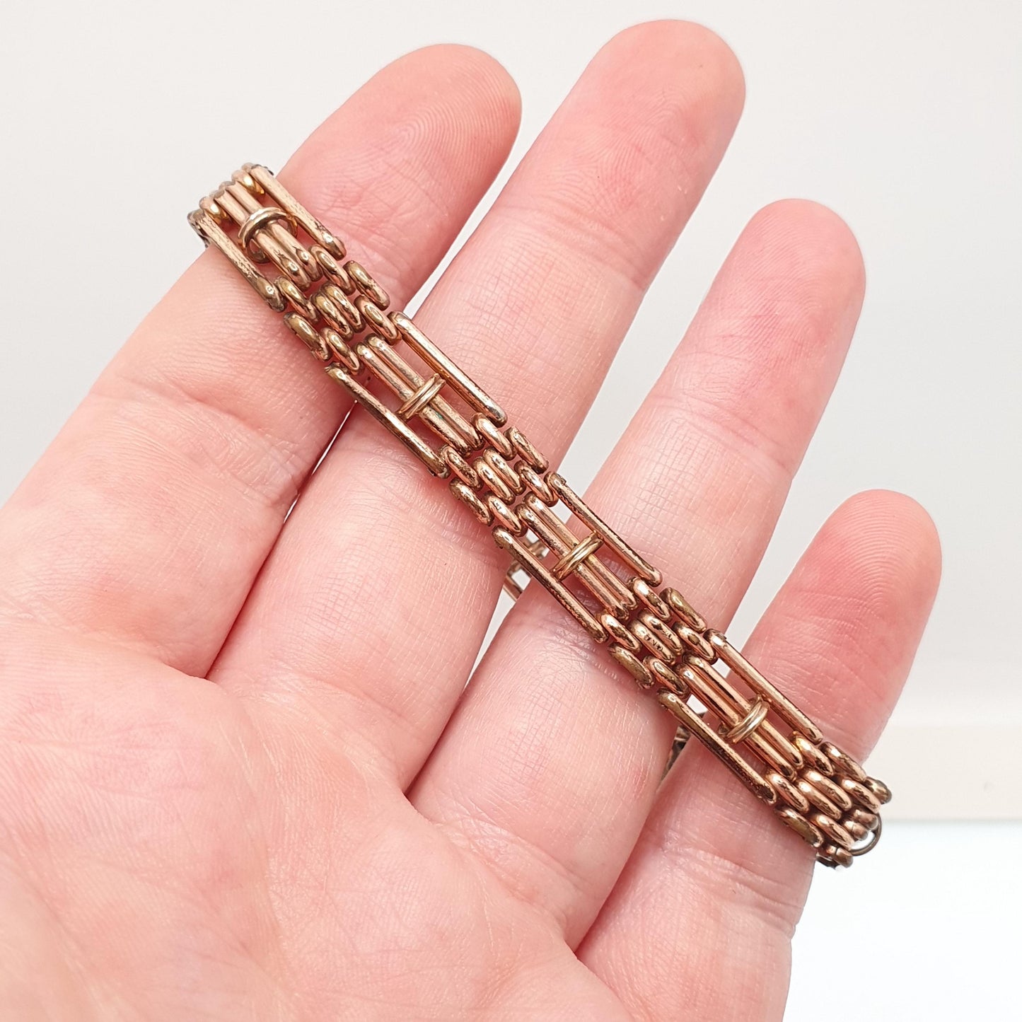 Antique Rose Rolled Gold Gate Link Link Bracelet Padlock Clasp Lock Gold Filled 18.5cm 20.98g Vintage