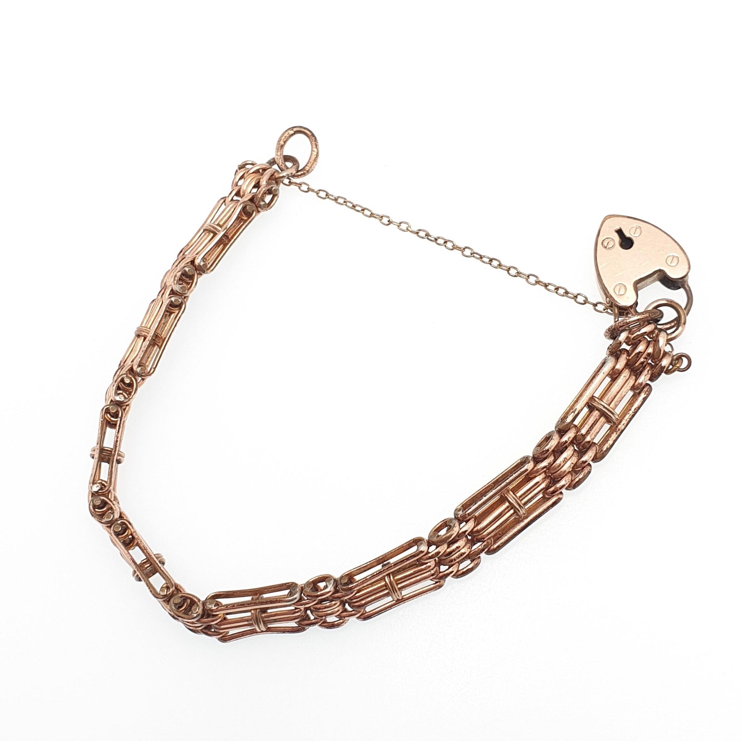 Antique Rose Rolled Gold Gate Link Link Bracelet Padlock Clasp Lock Gold Filled 18.5cm 20.98g Vintage