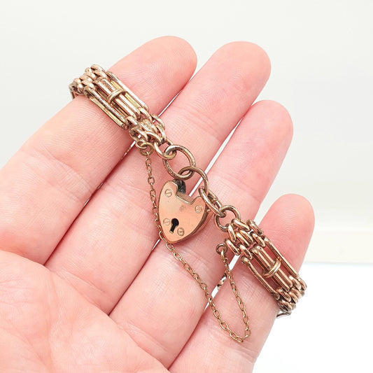 Antique Rose Rolled Gold Gate Link Link Bracelet Padlock Clasp Lock Gold Filled 18.5cm 20.98g Vintage