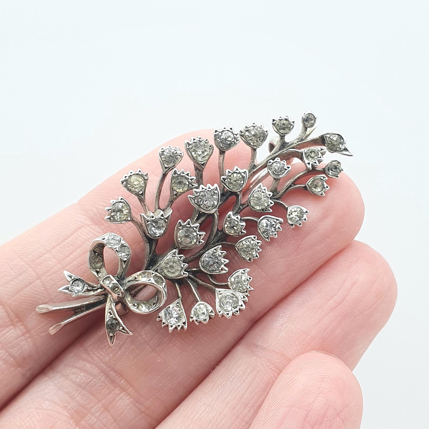 Antique Victorian Solid Silver Diamond Paste Floral Spray Brooch Sparkly Flower Vintage Jewelry Jewellery