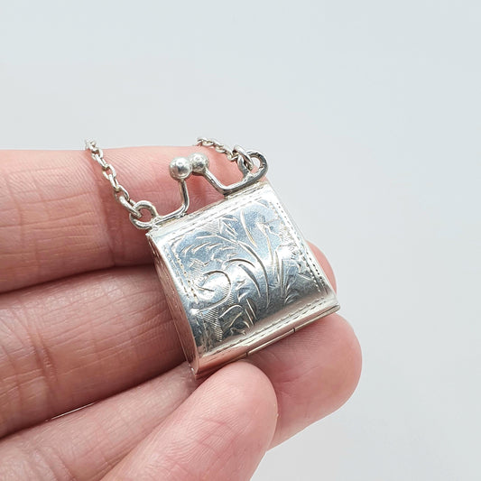 Vintage Sterling Silver Purse Handbag Locket Hand Engraved Pendant Necklace Photo Picture Unisex Jewelry Womens Jewellery