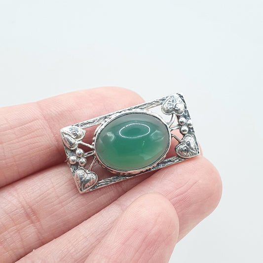 Antique Solid Silver Chrysoprase Brooch Bernard Instone Style Art Nouveau Genuine Green Gemstone Vintage