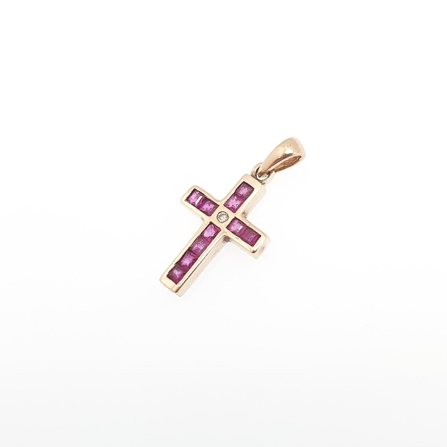 Vintage 9k 9ct Gold Ruby Crucifix Necklace Cross Diamond Pendant Rubies Channel Square Cut