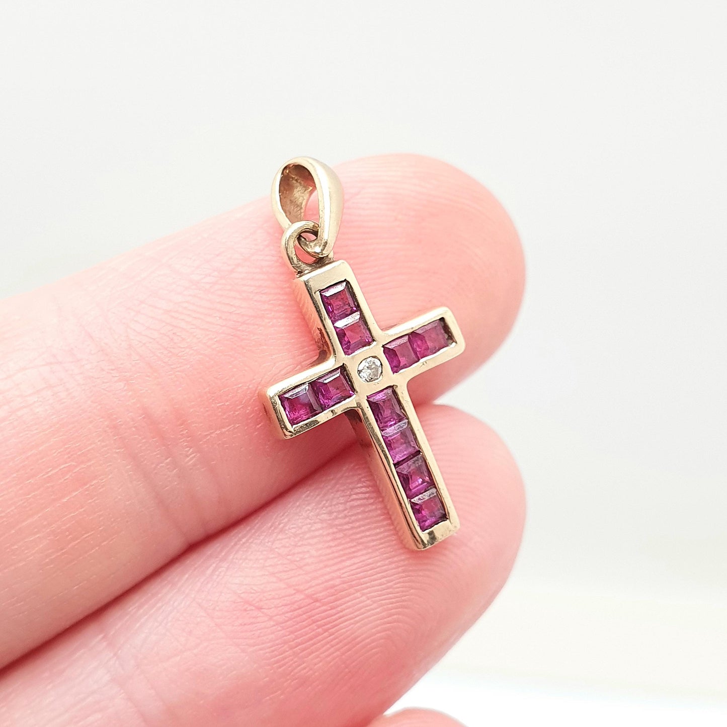 Vintage 9k 9ct Gold Ruby Crucifix Necklace Cross Diamond Pendant Rubies Channel Square Cut