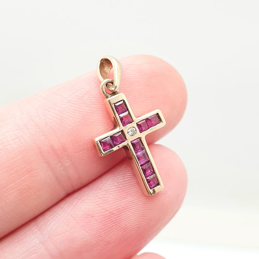 Vintage 9k 9ct Gold Ruby Crucifix Necklace Cross Diamond Pendant Rubies Channel Square Cut