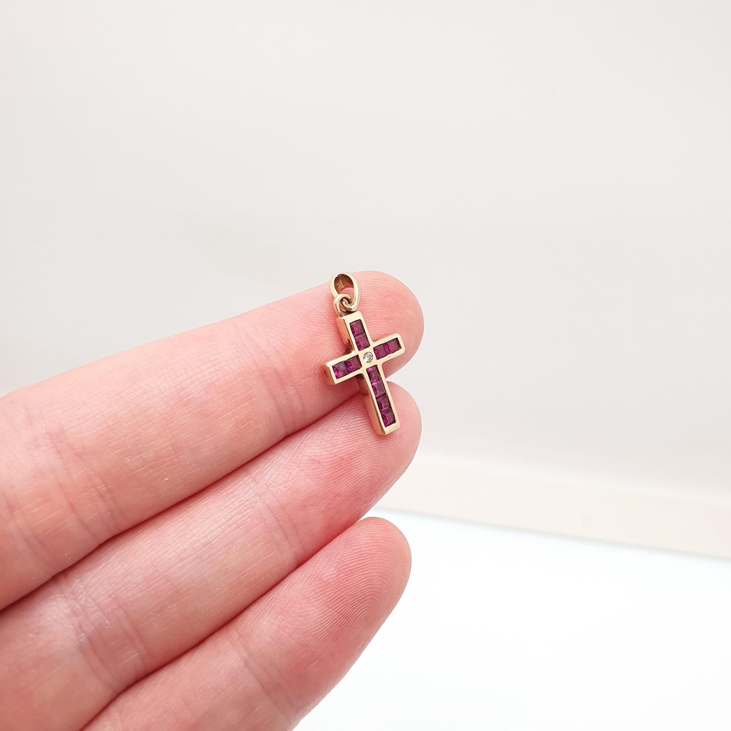 Vintage 9k 9ct Gold Ruby Crucifix Necklace Cross Diamond Pendant Rubies Channel Square Cut