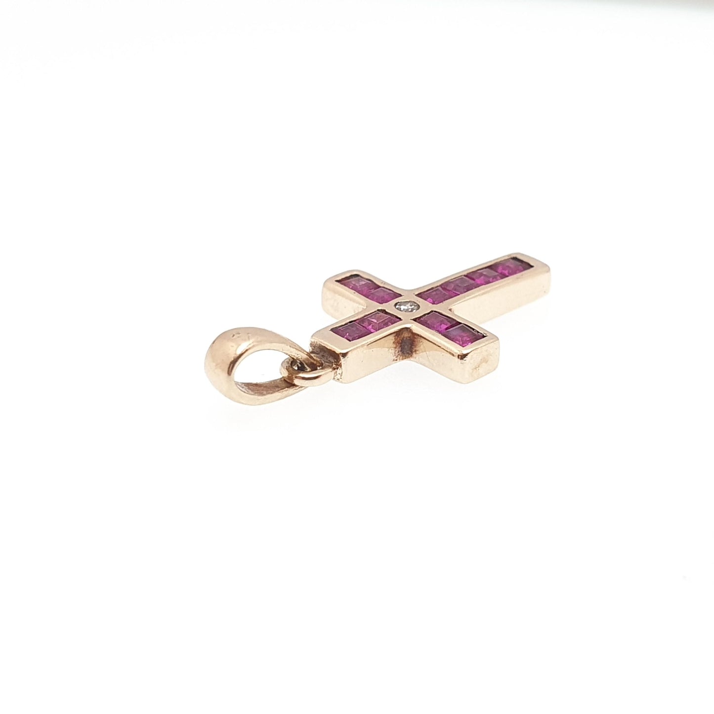 Vintage 9k 9ct Gold Ruby Crucifix Necklace Cross Diamond Pendant Rubies Channel Square Cut
