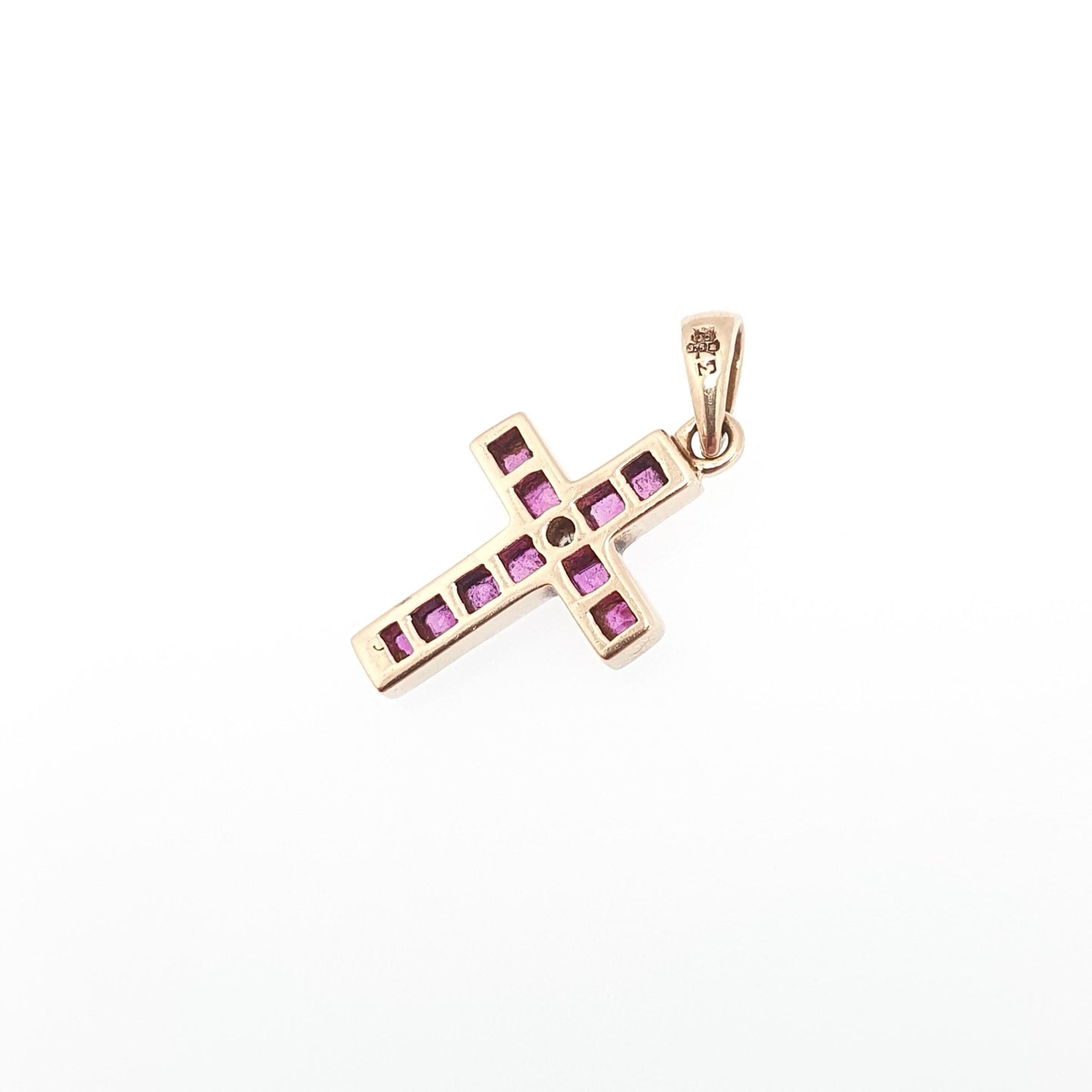 Vintage 9k 9ct Gold Ruby Crucifix Necklace Cross Diamond Pendant Rubies Channel Square Cut