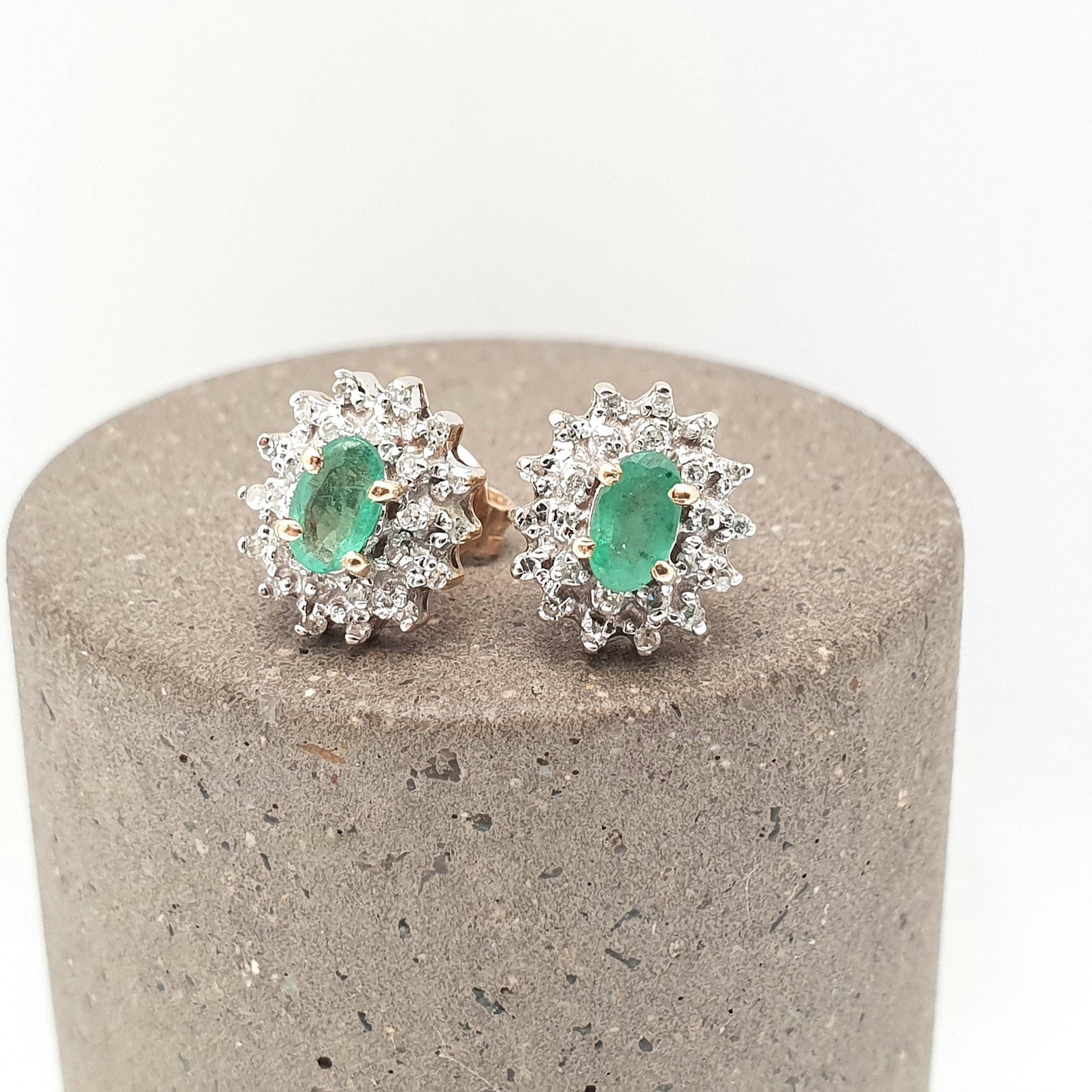 Vintage 9ct Gold Emerald & Diamond Stud Earrings Cluster Halo Solid 9k 375 Oval Cut Genuine Gemstone Jewelry Jewellery