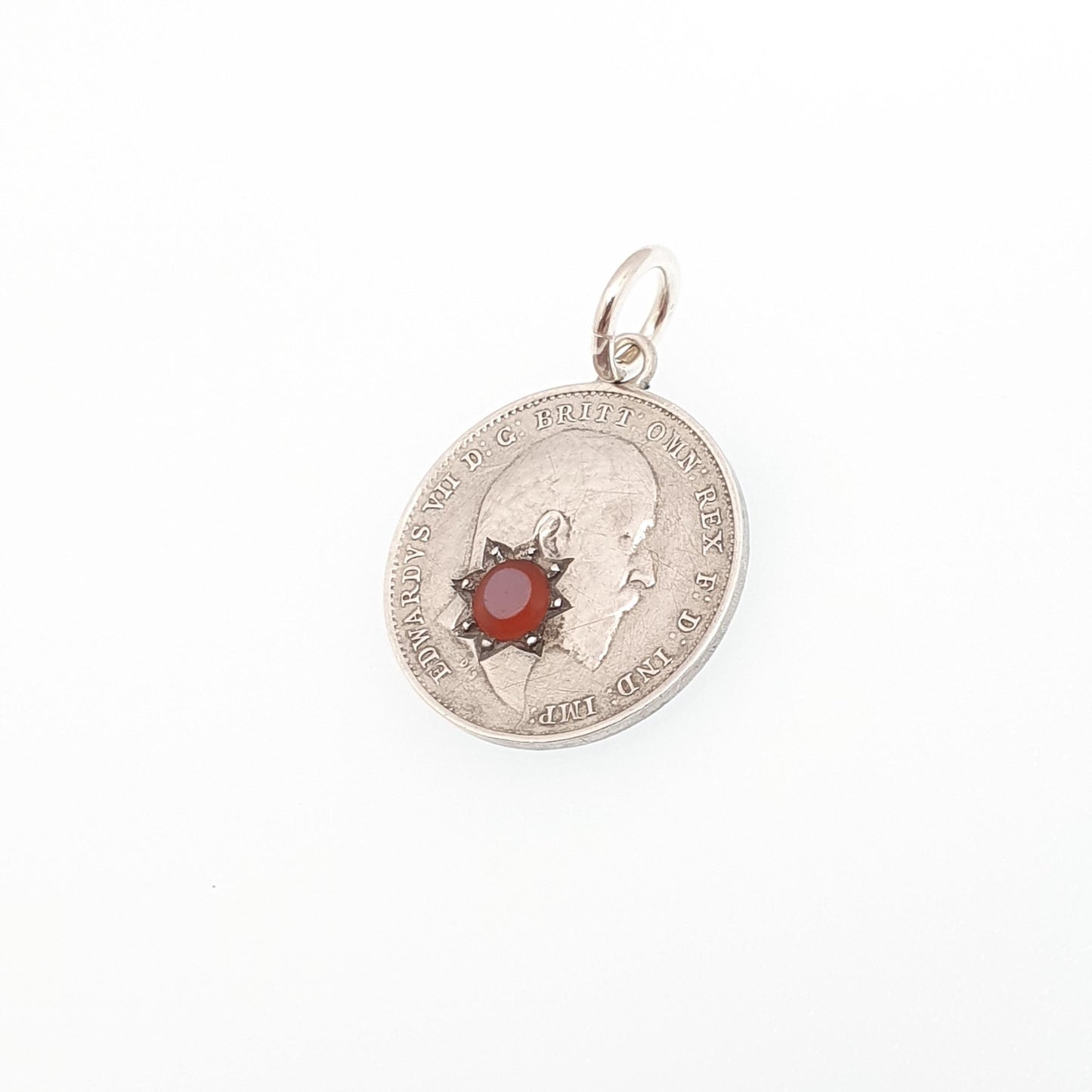 Antique Sterling Silver Love Token Coin Necklace Pendant Faux Sardonyx Star Charm Edwardian Threepence Vintage 1900s Jewelry Jewellery