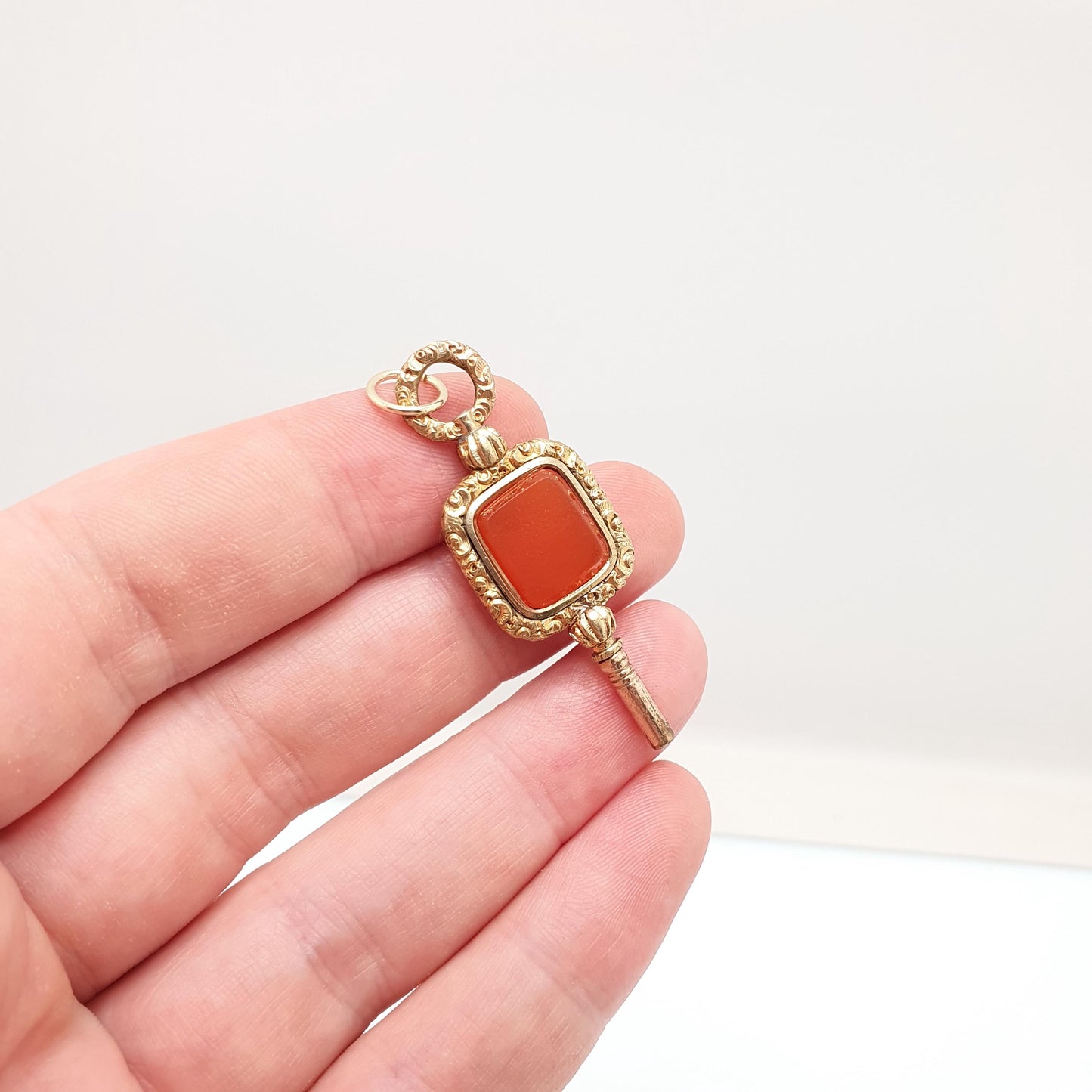 Antique Georgian Rolled Gold Carnelian Pocket Watch Key Fob Pendant Chased Necklace Gold Filled Vintage Jewellery Jewelry