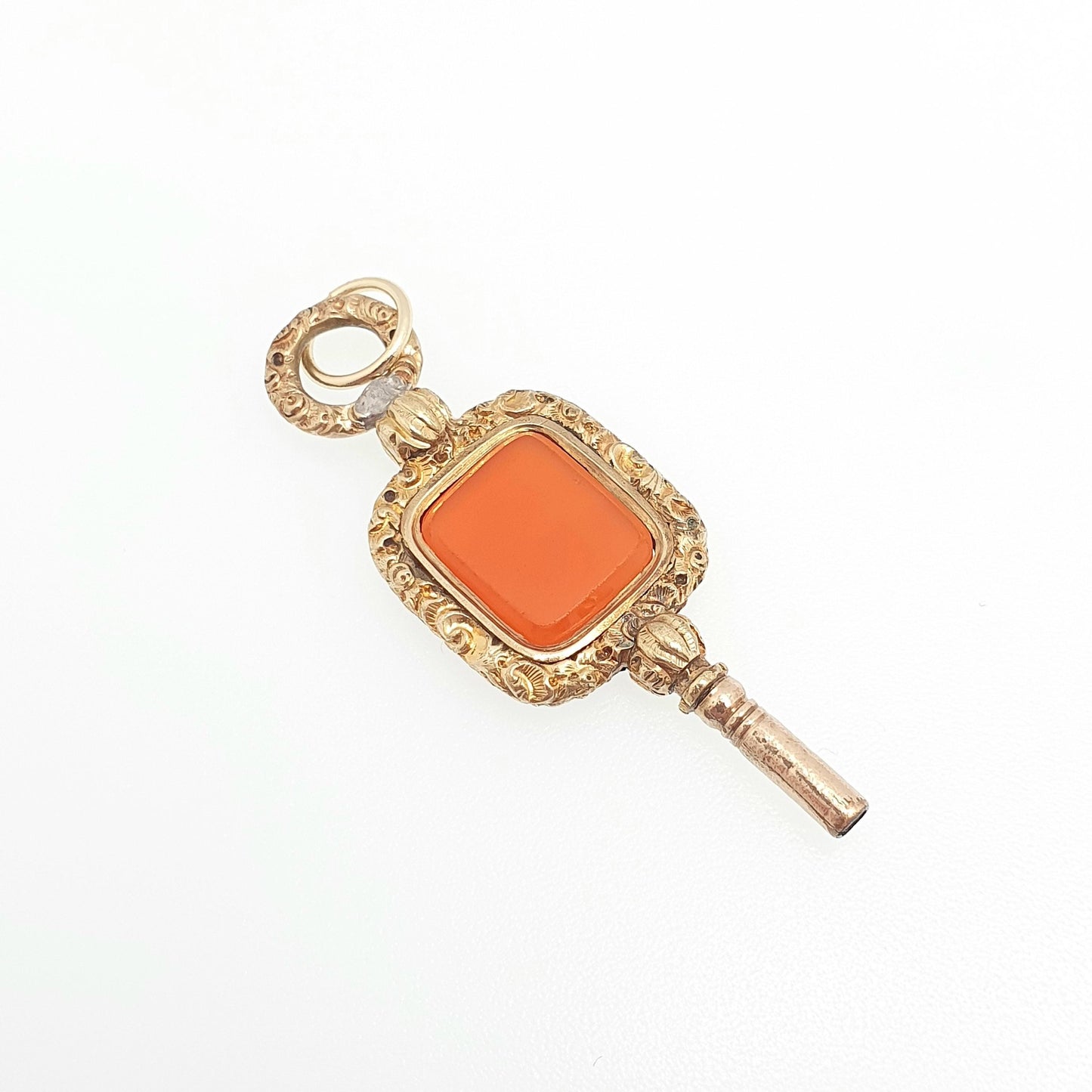 Antique Georgian Rolled Gold Carnelian Pocket Watch Key Fob Pendant Chased Necklace Gold Filled Vintage Jewellery Jewelry