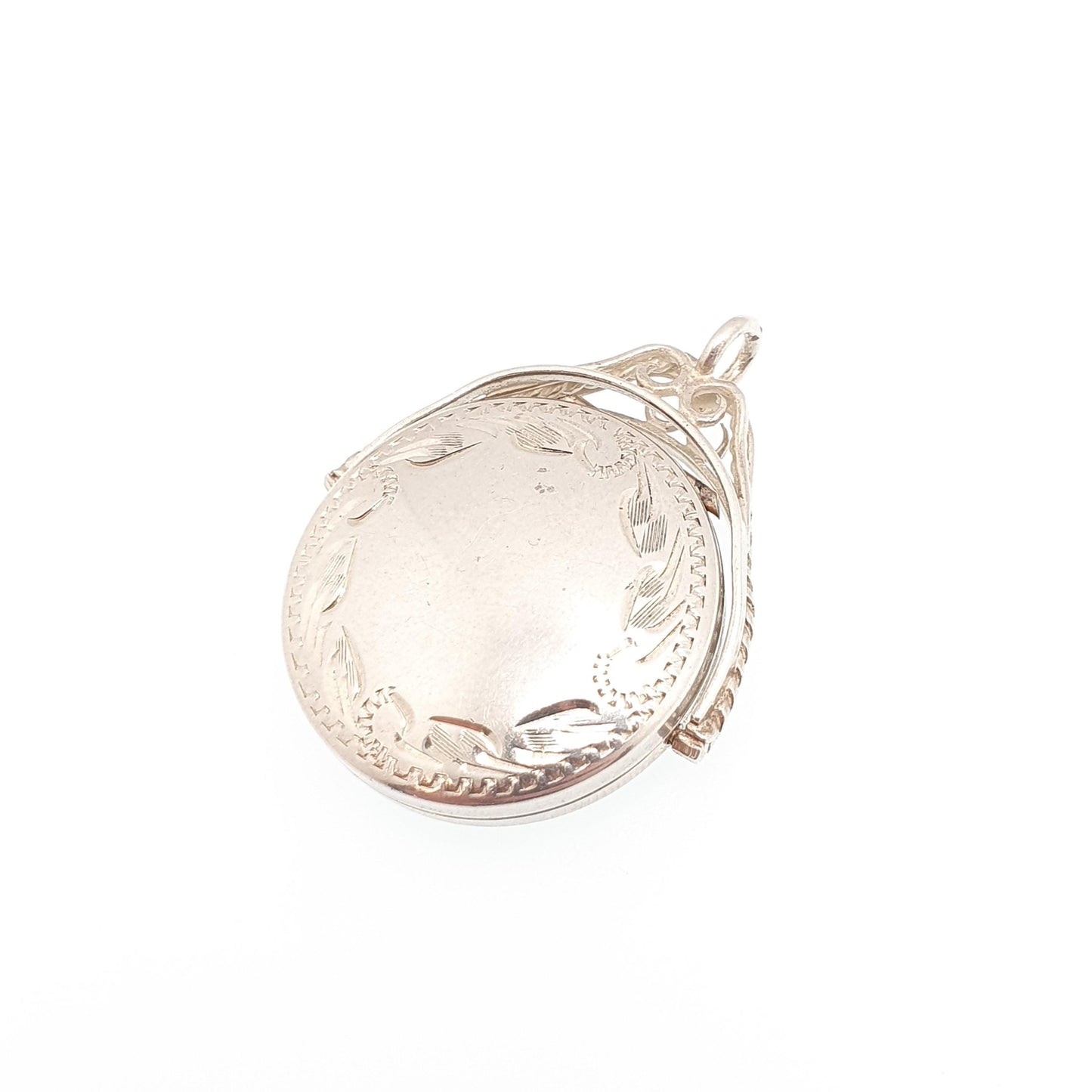 Vintage Sterling Silver Spinner Locket Pendant Fob Necklace Spinning Rotating Engraved Large Big Jewelry