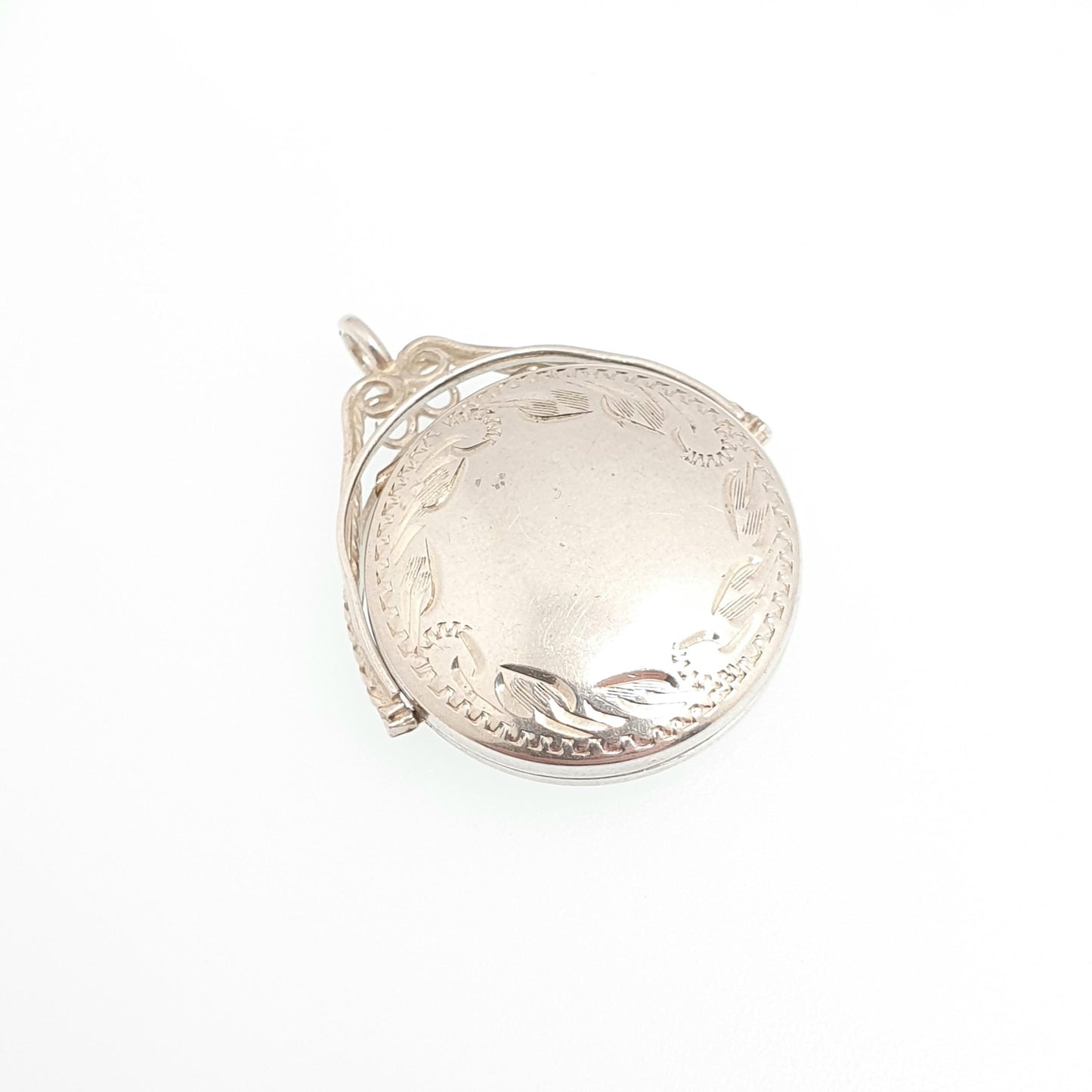 Vintage Sterling Silver Spinner Locket Pendant Fob Necklace Spinning Rotating Engraved Large Big Jewelry