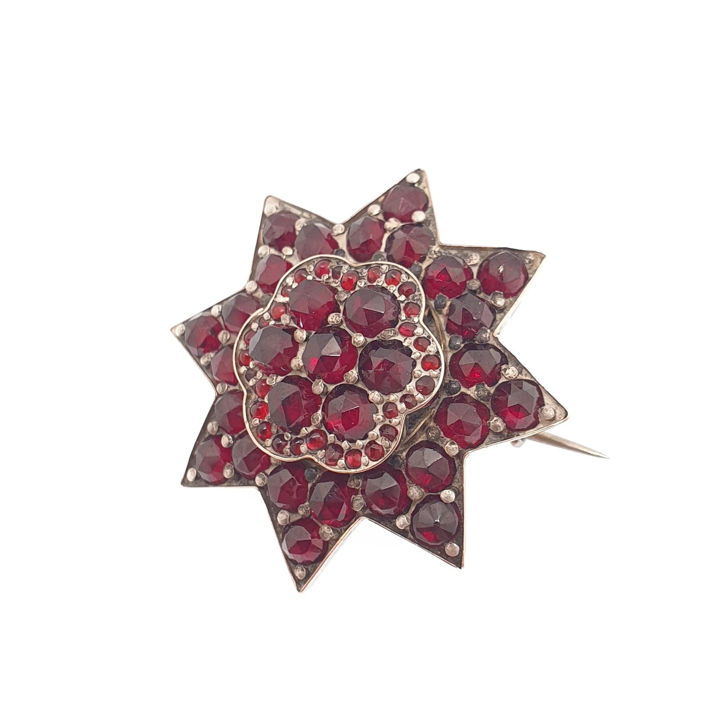 Antique Victorian Bohemian Garnet Star Brooch Starburst Rolled Gold Renaissance Revival Pyrope Vintage Jewelry Jewellery