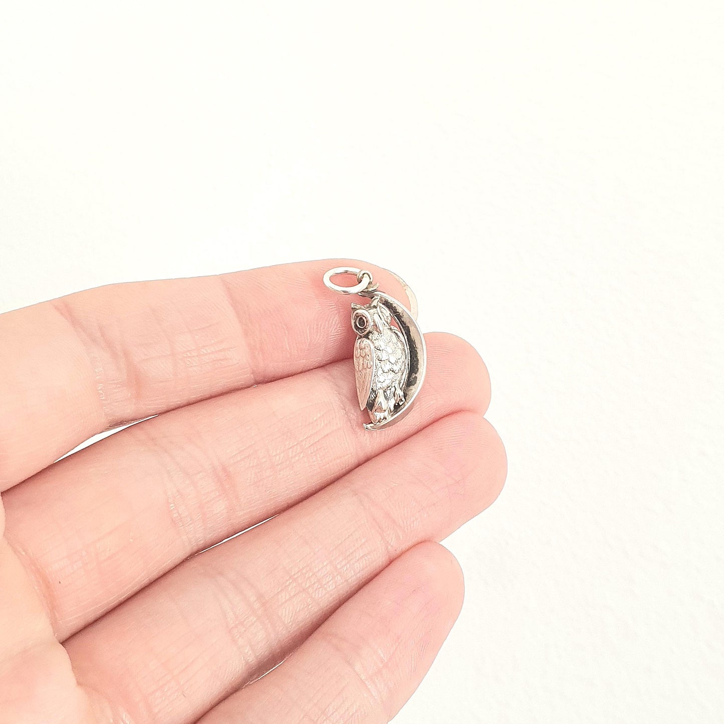 Antique Victorian Solid Silver Owl and Moon Charm Pendant Crescent Celestial Wise Bird Necklace Jewelry Vintage Jewellery