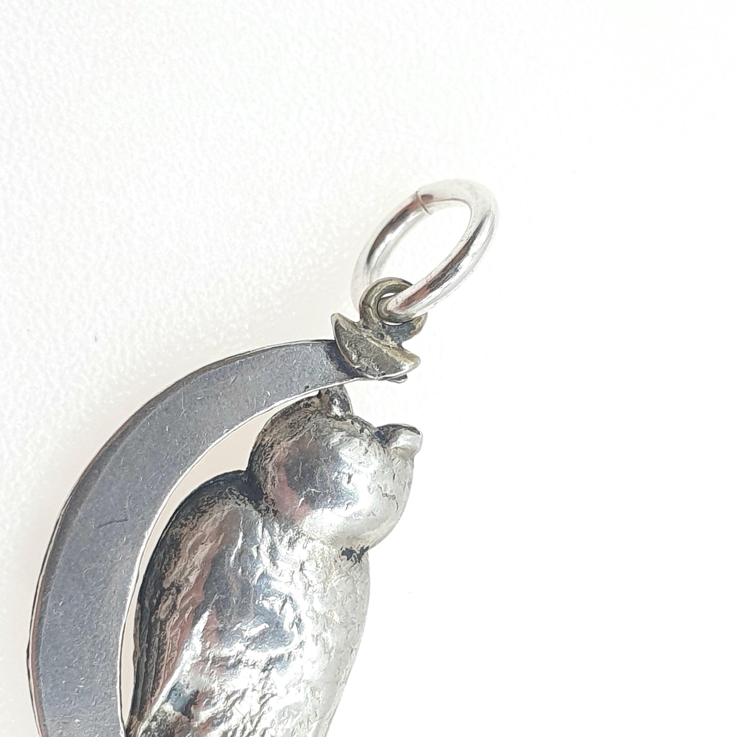 Antique Victorian Solid Silver Owl and Moon Charm Pendant Crescent Celestial Wise Bird Necklace Jewelry Vintage Jewellery