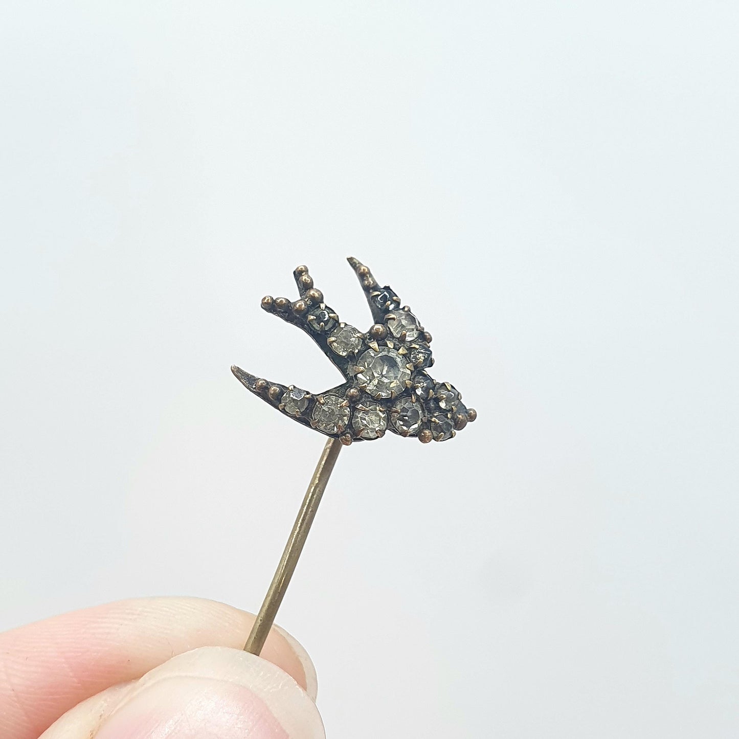 Antique Victorian Diamond Paste Bird Stick Pin Lapel Pin Swallow Gold Tone Base Metal Vintage Jacket Coat Mens Gents Jewelry Jewellery