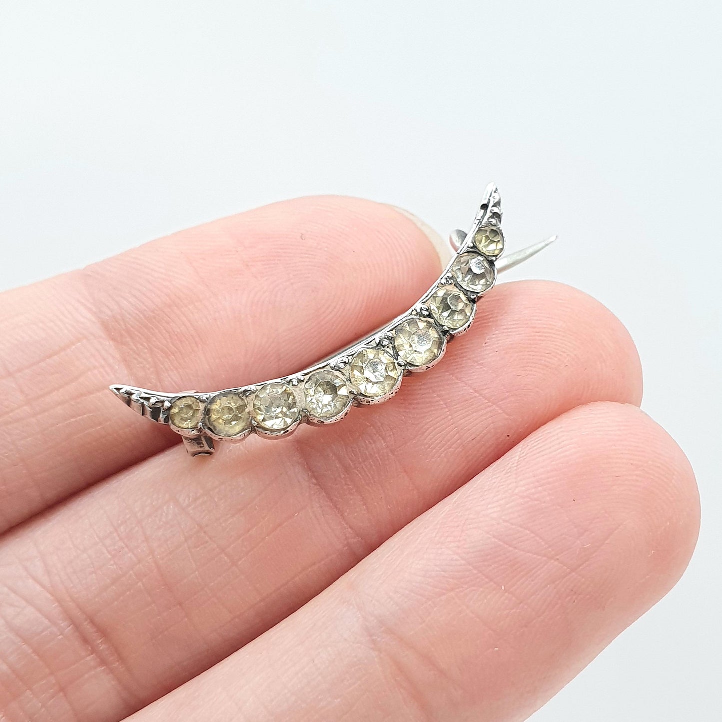 Antique Victorian Solid Silver Diamond Paste Crescent Moon Brooch Vintage Celestial Womens Jewelry Jewellery
