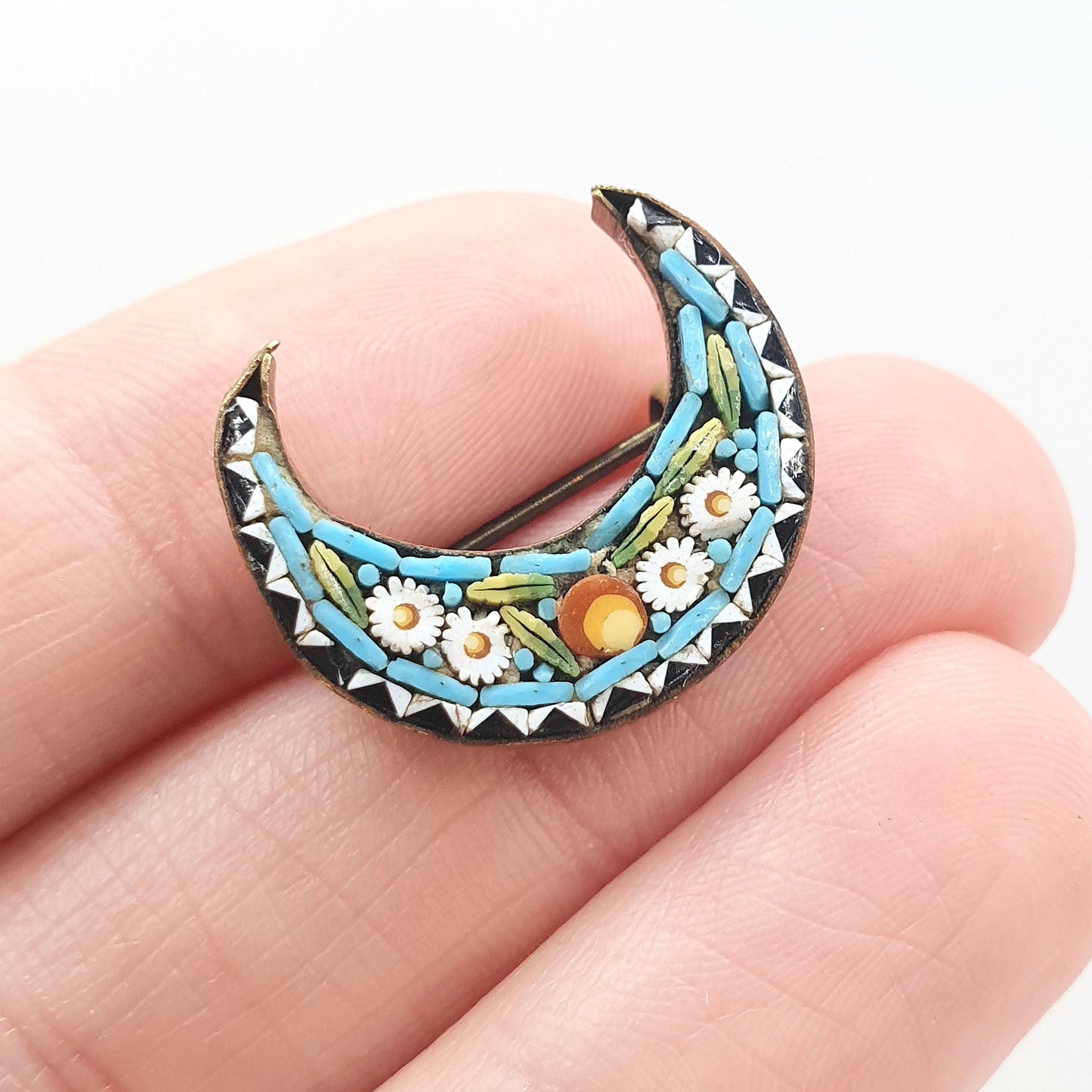 Antique Victorian Micro Mosaic Crescent Moon Brooch Micromosaic Celestial Floral Tiles Millefiori Jewelry Jewellery Women’s Men’s