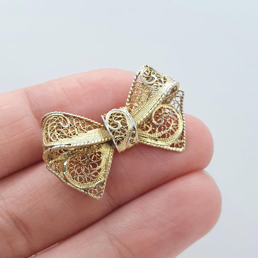Antique Gold Vermeil Solid Silver Bow Brooch Filigree Handmade Ribbon Vintage Womens Ladies Jewelry Jewellery