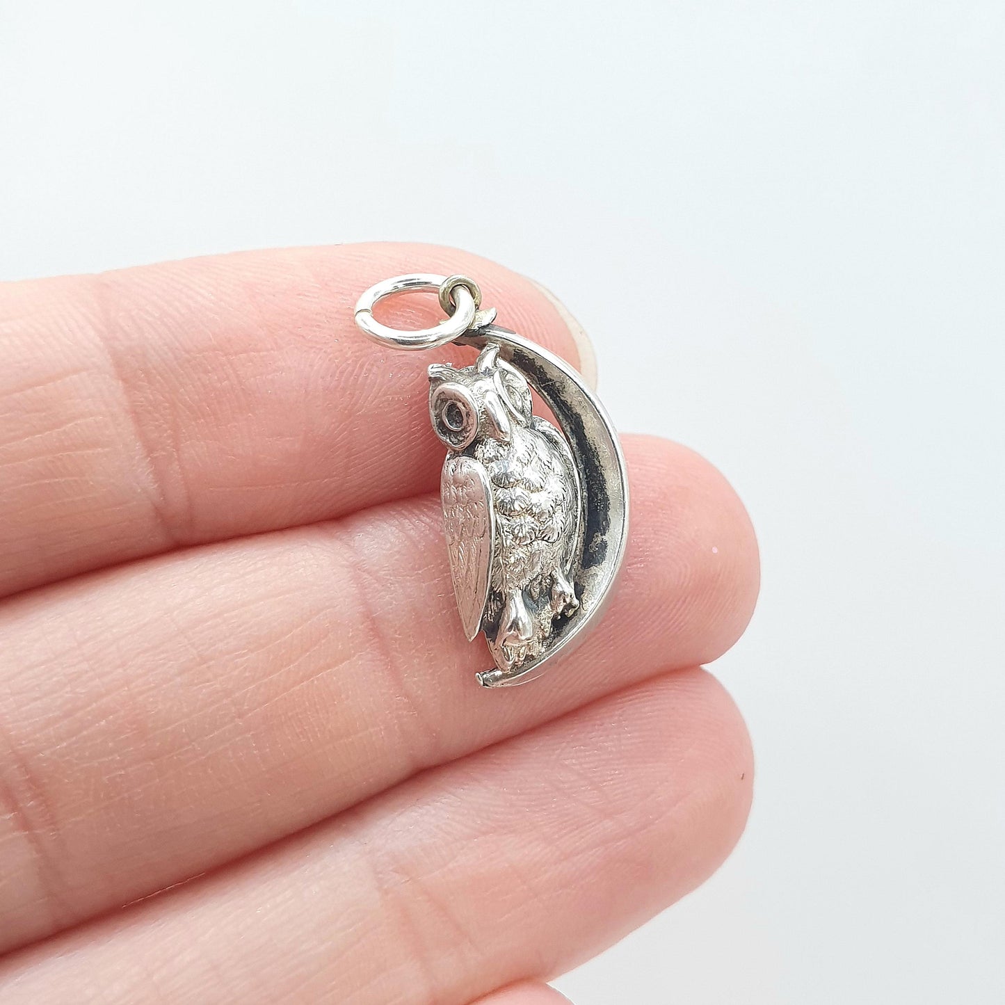 Antique Victorian Solid Silver Owl and Moon Charm Pendant Crescent Celestial Wise Bird Necklace Jewelry Vintage Jewellery