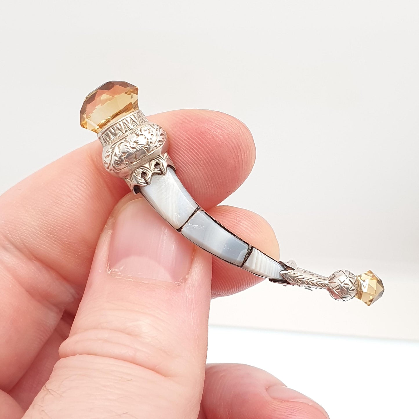Antique Victorian Sterling Silver Citrine Brooch Crescent Moon Horn Montrose Lace Agate Scottish Pin Gemstone Vintage Jewelry Jewellery